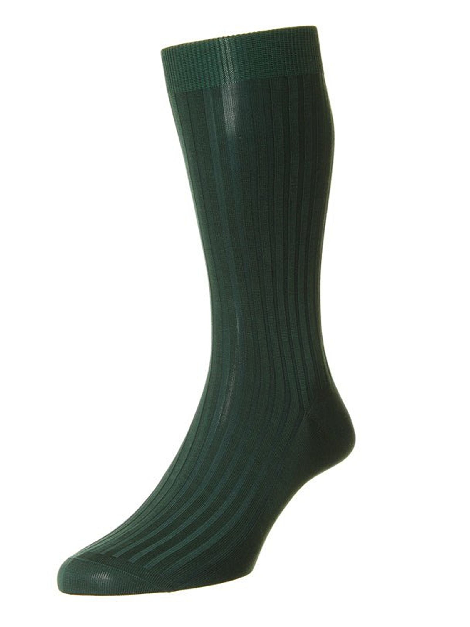 A single Fine Cotton Sock by Campbell's of Beauly in dark green is standing upright against a plain white background.
