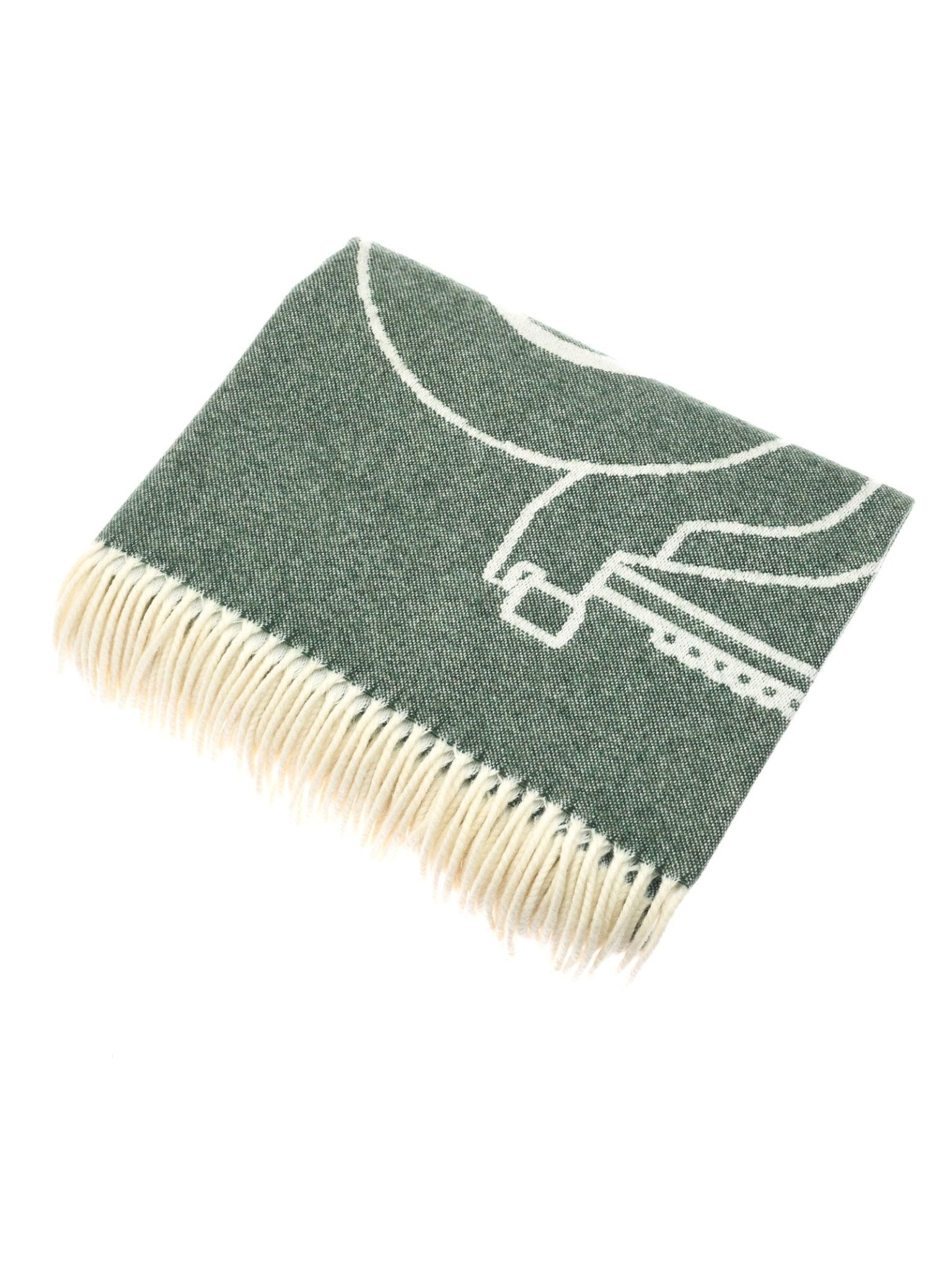 The Campbell's of Beauly Land Rover Defender Jacquard Large Scale Motif throw is a folded, green and white fringed reversible wool blanket with an abstract white pattern, shown on a white background.