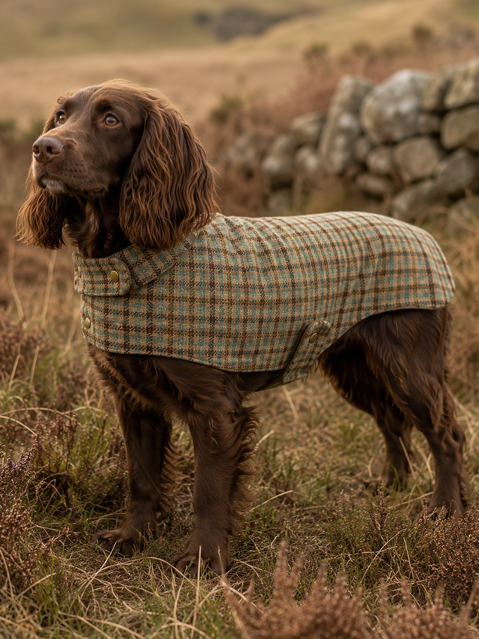 A dog wearing the House Tweed Dog Coat M by Campbell's of Beauly stands on grassy terrain near a stone wall, looking off to the side with hills in the background.