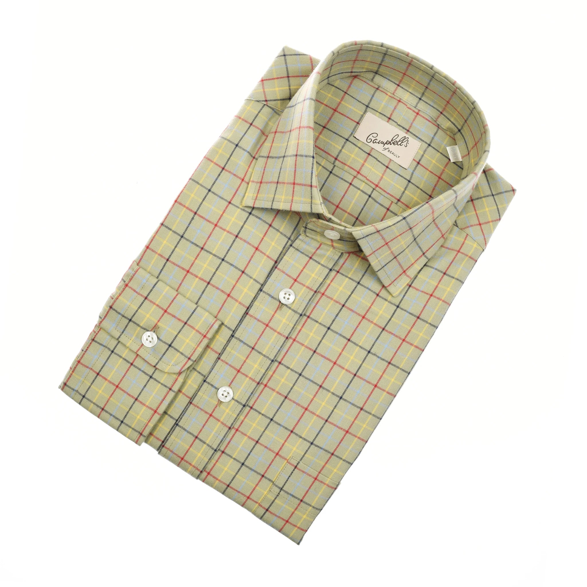 The Auld Stock Windowpane Shirt by Campbell's of Beauly is a neatly folded long-sleeve shirt in light yellow with a red, blue, and green plaid pattern, white buttons, and a pointed collar.