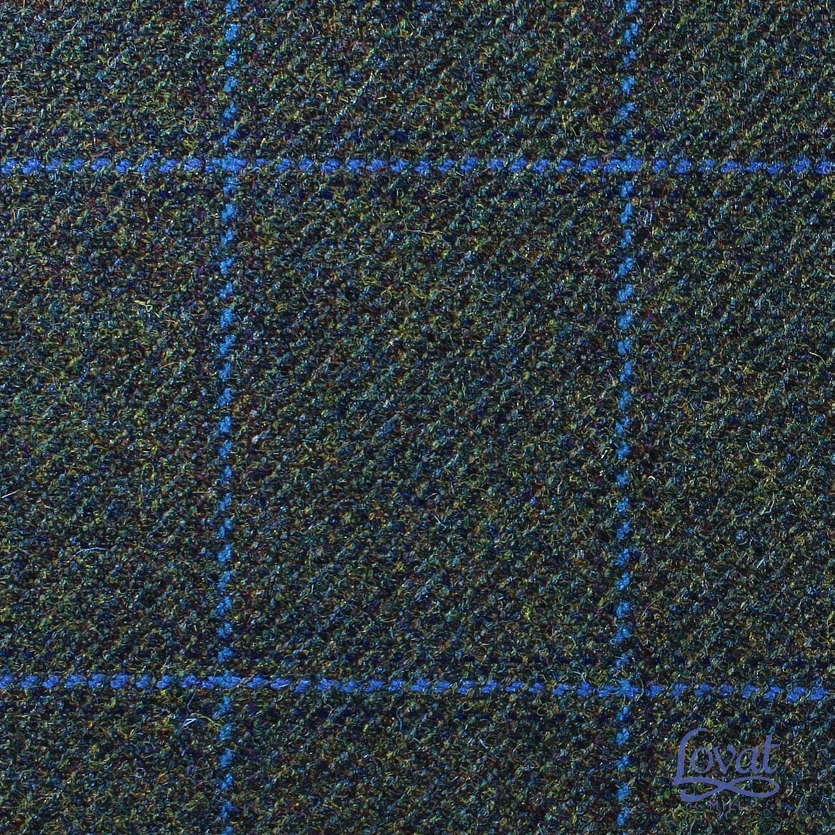 Estate Tweed 030 in heavyweight dark green Scottish wool tweed featuring a subtle blue windowpane check pattern.