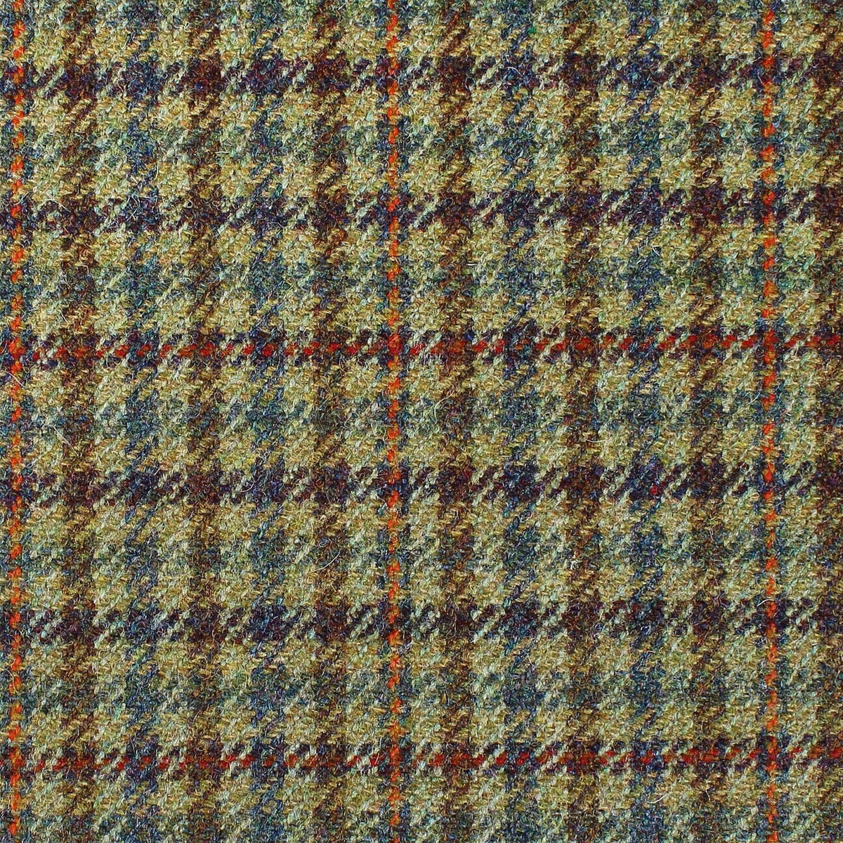 Estate Tweed 047 heavyweight wool tweed in a multi-colored plaid pattern featuring shades of olive green, navy blue, and thin orange overcheck lines.
