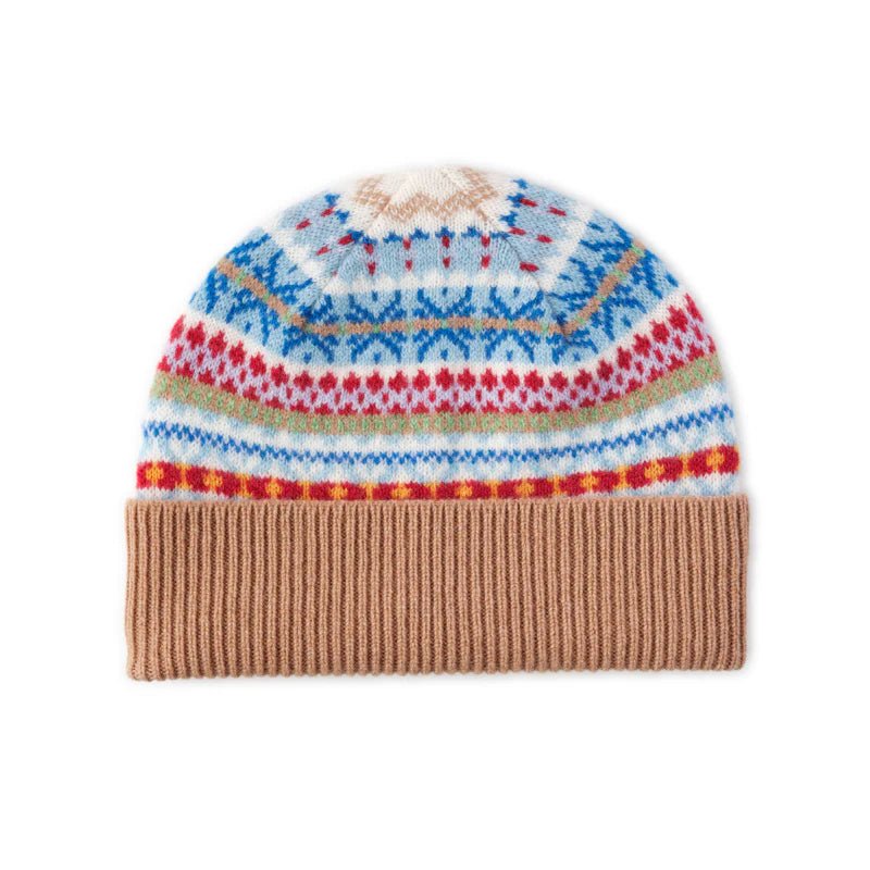 The Lambswool Fairisle Hat by Campbell’s of Beauly features an oat hue with a brown ribbed cuff and a colorful fairisle pattern—a stylish winter essential for warmth.