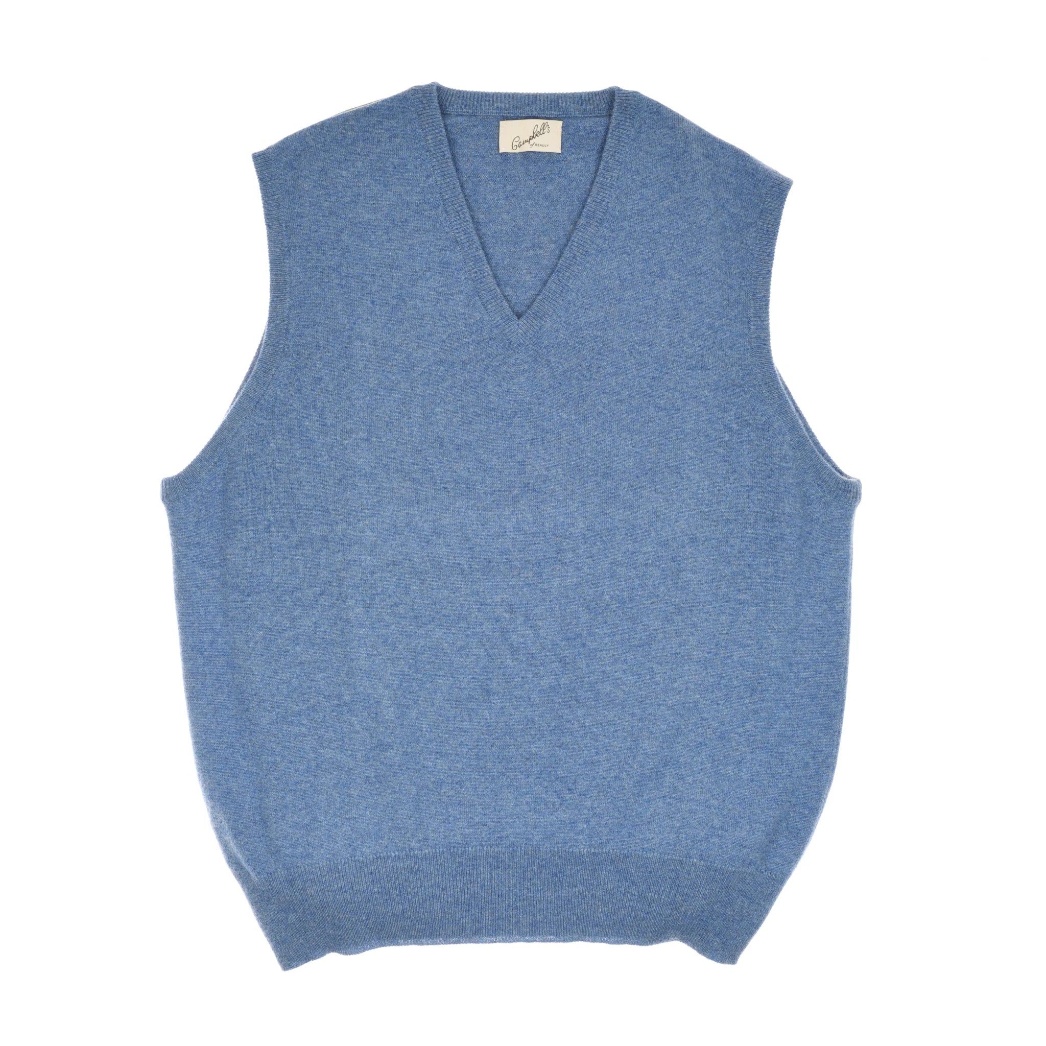 The Auld Stock Cashmere Slipover by Campbell's of Beauly is a classic-fit, sleeveless blue vest with a V-neck and ribbed hem and armholes, shown laid flat on a white background for timeless style and comfort.