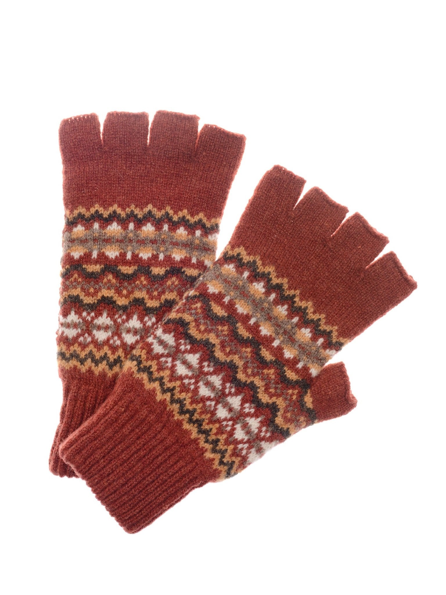 Campbell's of Beauly Lambswool Fairisle Half Finger Gloves in red-brown, featuring a multicolored pattern with white, yellow, and green accents—classic Scottish knitwear shown on a white background.