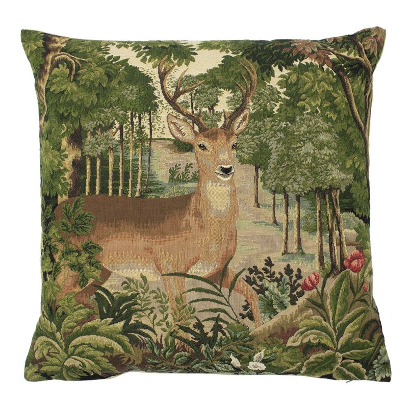 The Woodland Doe Cushion Cover by Campbells of Beauly features a detailed tapestry of an alert woodland doe with antlers in a lush forest with green trees and red flowers—an ideal accent for charming home decor.