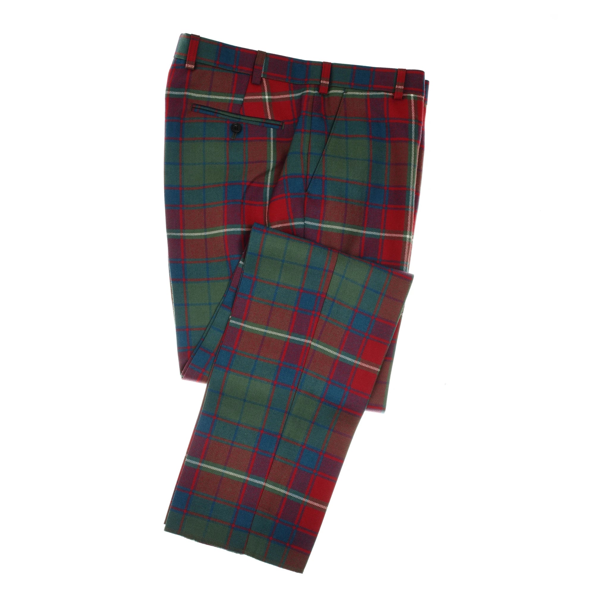 A pair of Auld Stock Tartan Trousers by Campbell's of Beauly, made in the UK from quality wool in red, green, and blue plaid, with a side button pocket, shown folded against a white background.