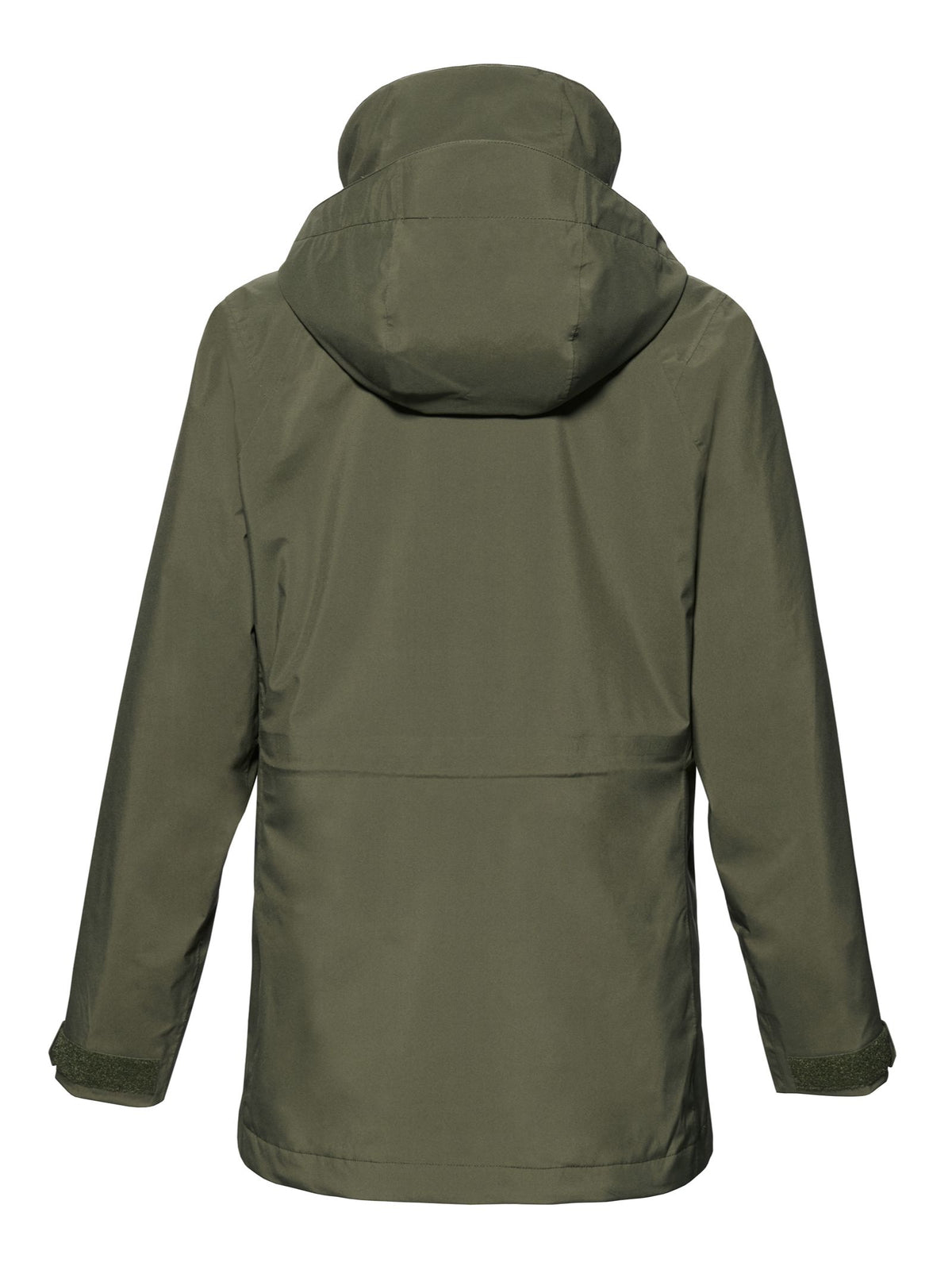 The Musto Fenland Jacket 3.0, shown here in olive green from the back, features long sleeves, a hood, and adjustable cuffs. Crafted from water-resistant fabric, this lightweight jacket is ideal for outdoor activities.