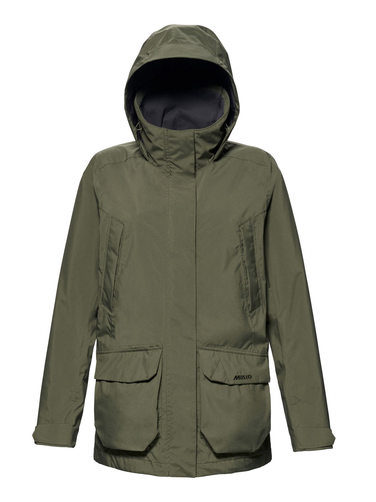 The Musto Fenland Jacket 3.0 is an olive green hooded parka featuring a high collar, two slanted chest pockets, two spacious front flap pockets, and a zippered front concealed by a flap. Lightweight and ideal for layering, this jacket offers effortless style on the go. Displayed against a plain white background.