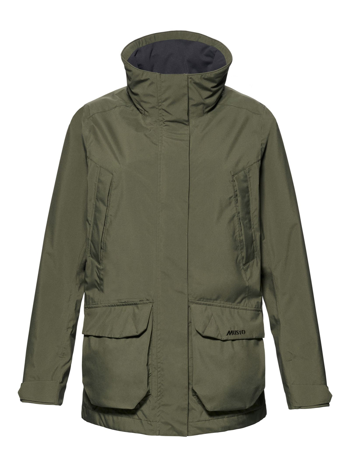 The Musto Fenland Jacket 3.0 is a green, long-sleeve outdoor waterproof jacket featuring a high collar, two large front pockets, two angled chest pockets, and a front zipper concealed by a flap.