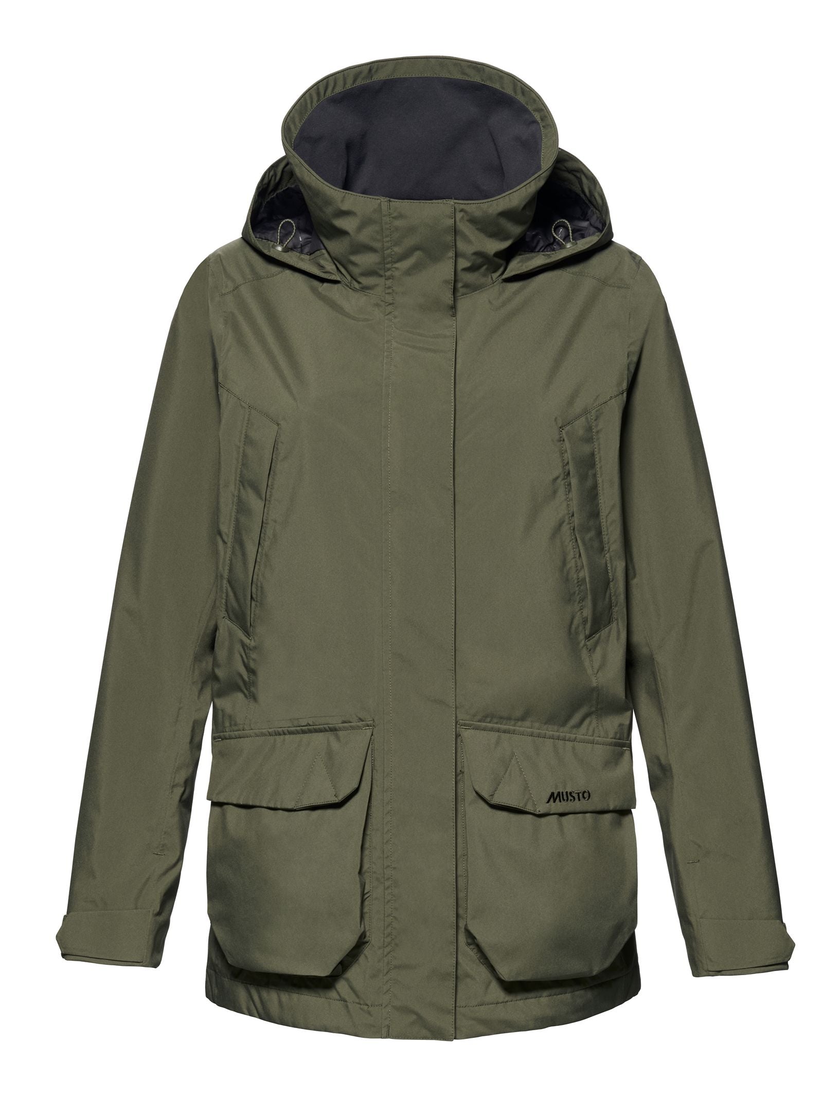 Introducing the Musto Fenland Jacket 3.0: a lightweight olive green waterproof jacket featuring a high collar, two spacious front flap pockets, and two slanted chest pockets—ideal for outdoor wear.