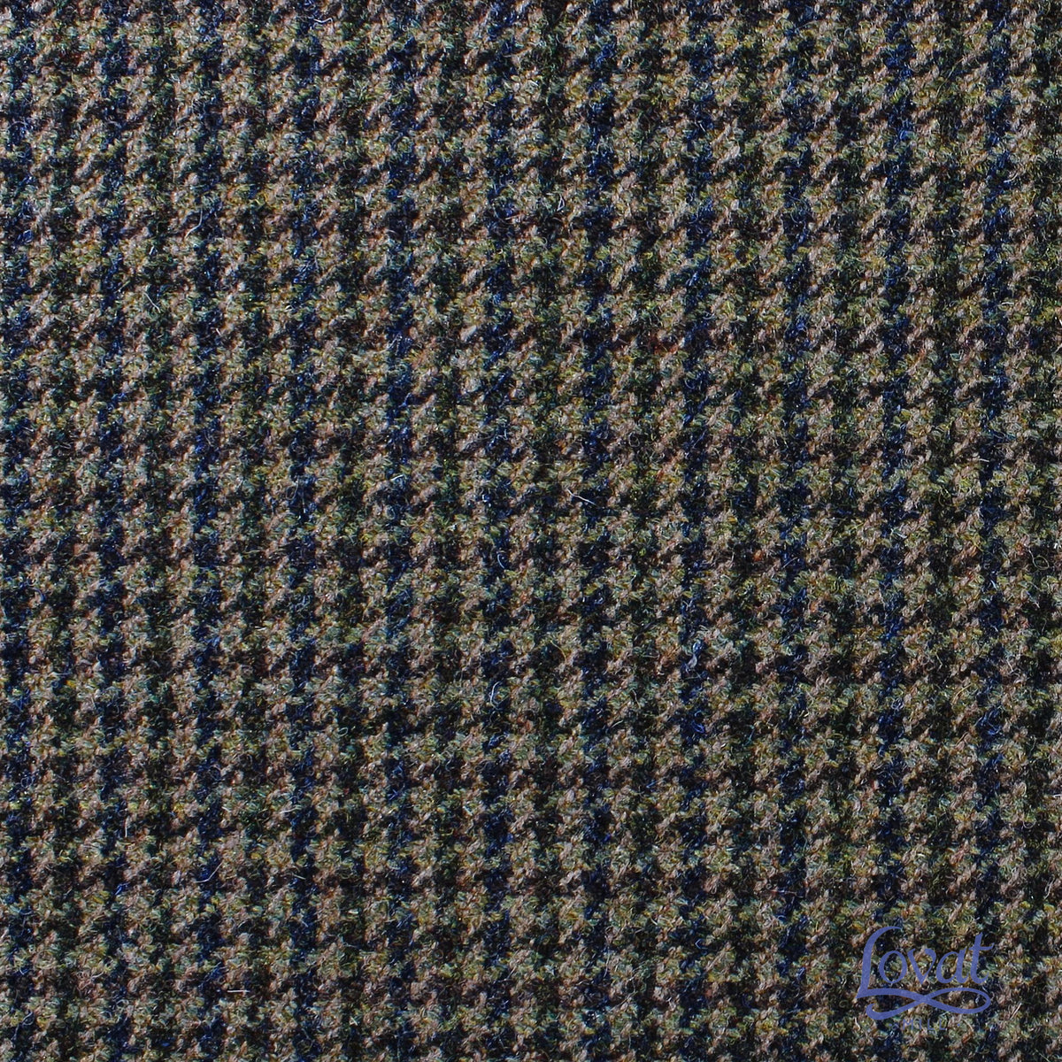 Close-up of Estate Tweed 007, a heavyweight wool fabric in a dark green and navy blue houndstooth pattern.
