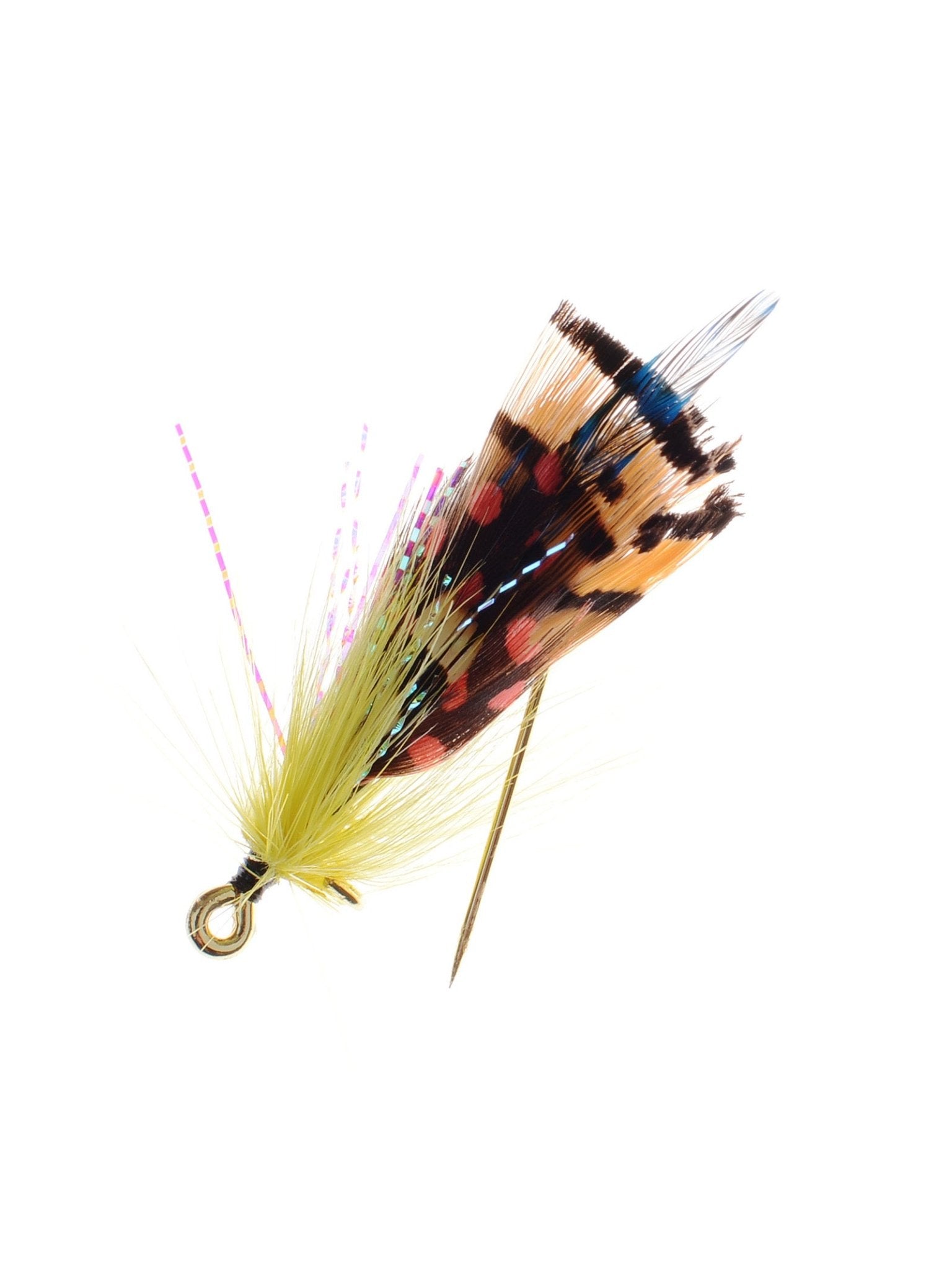 The Campbell's of Beauly Fly Fishing Brooch features yellow feather fibers, spotted brown and black feathers, pink strands, and a metal hook—an artisan accessory that brings country charm, shown against a white background.