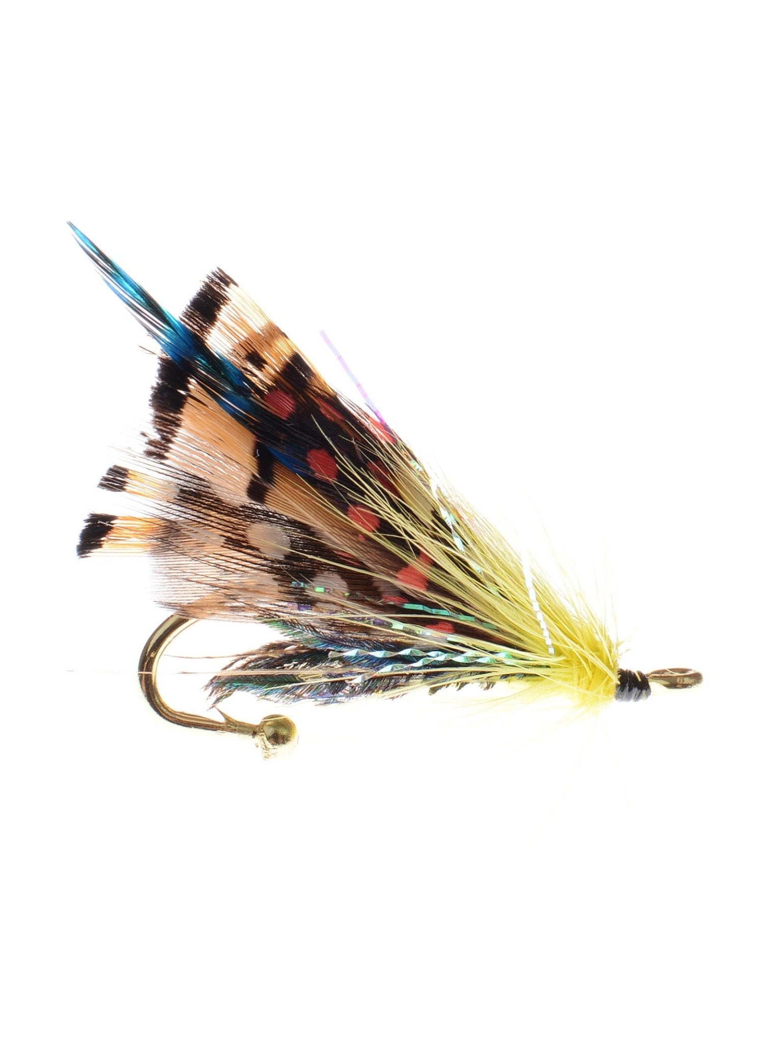 The Fly Fishing Brooch by Campbell's of Beauly features brown, yellow, blue, and black feathers on a gold fishhook—an artisan accessory for fly fishing fans with country charm, shown on a white background.