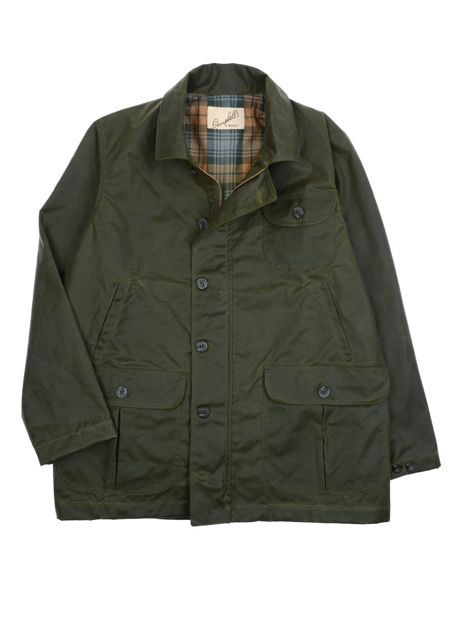 The Garve Jacket by Campbell's of Beauly features olive waxed cotton, front buttons, three button-flap pockets, and plaid lining at the collar—a timeless outerwear choice for any adventure.