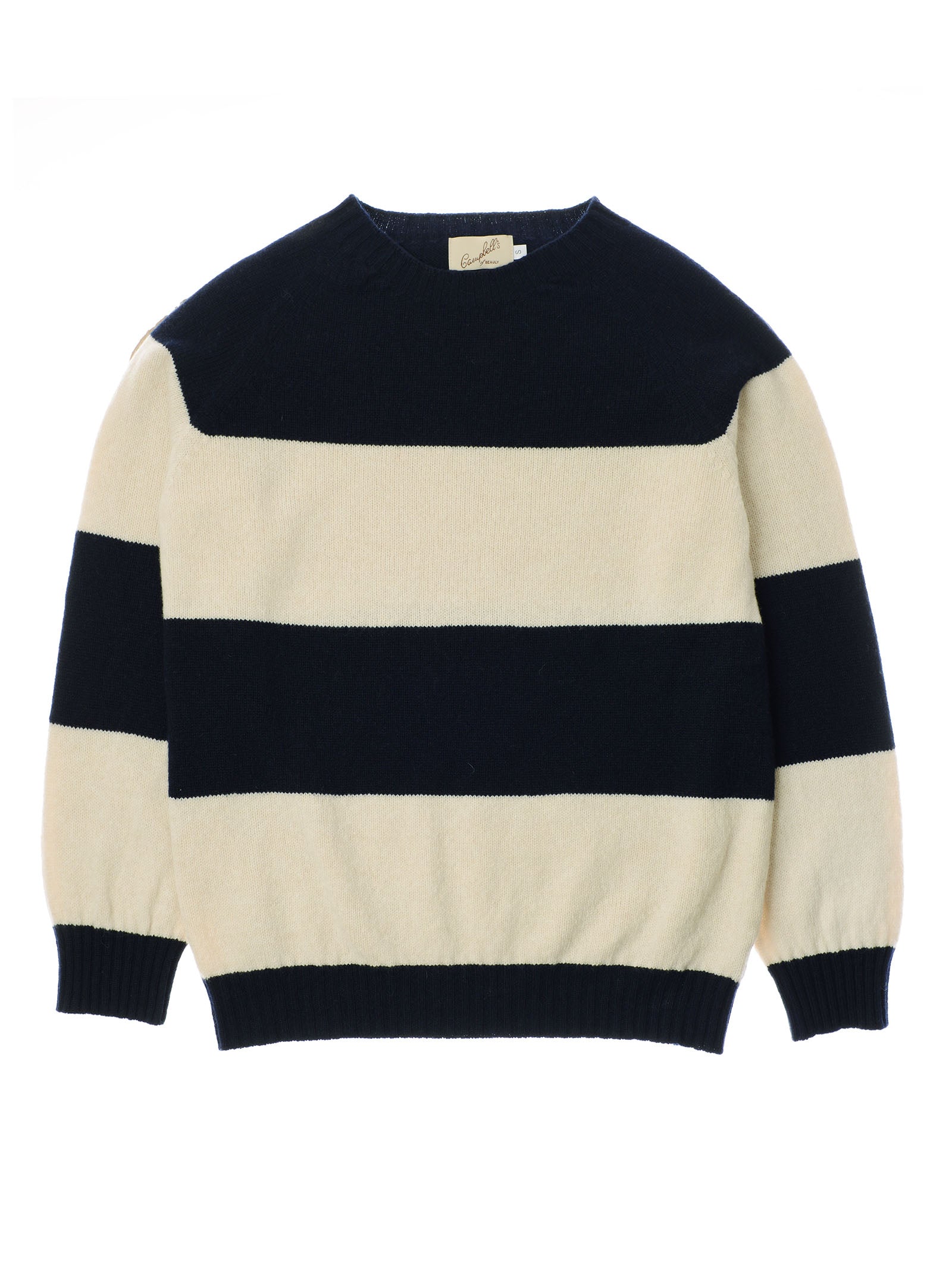 The Campbell's of Beauly Geelong Stripe Crew is a relaxed fit jumper with wide black and off-white stripes, crafted from quality yarns. It features a round neckline plus ribbed cuffs and hem, shown flat against a white background.