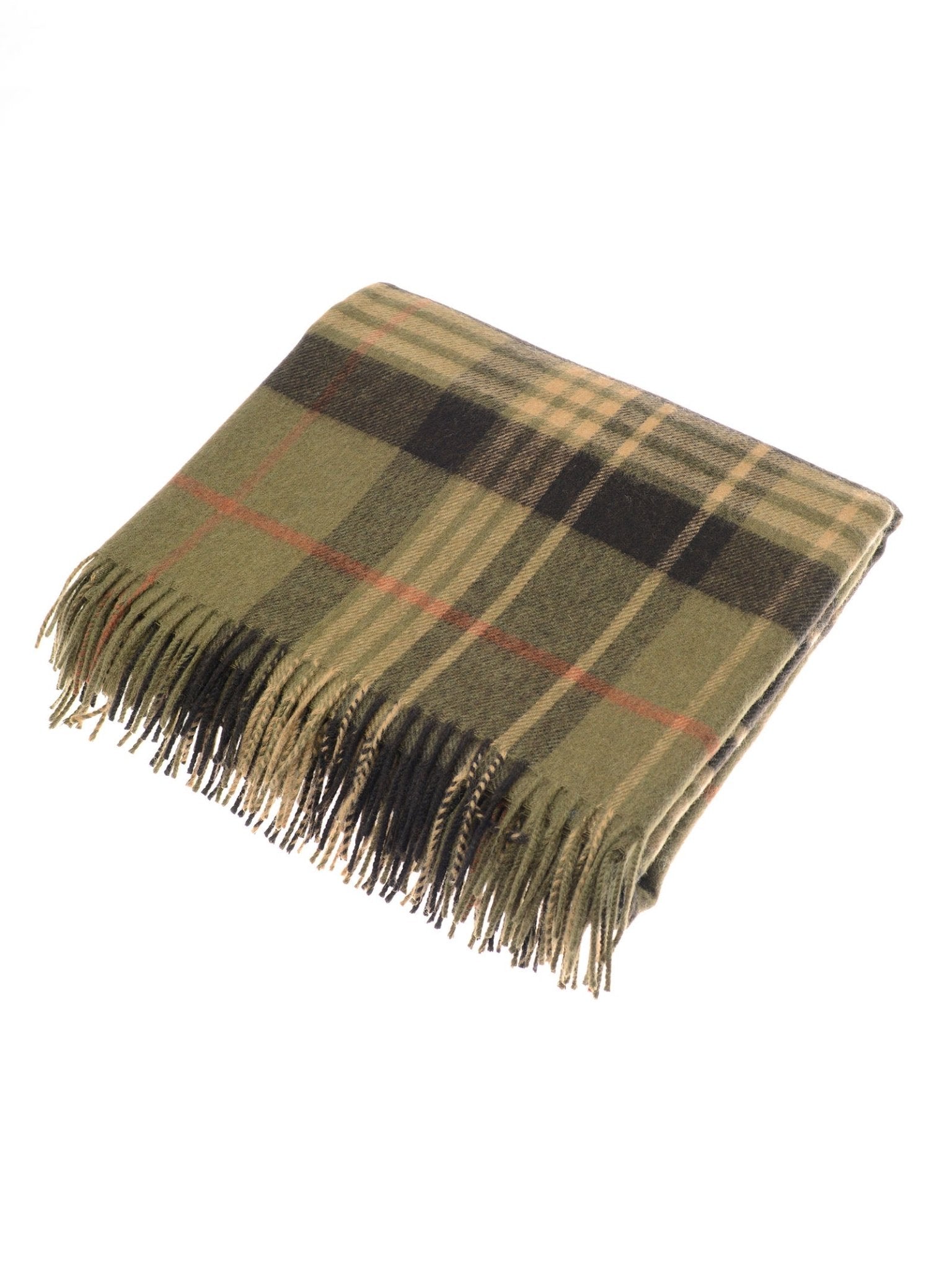 The Campbell's of Beauly Glassburn Merino Throw is a folded, soft lambswool blanket in green, black, and tan plaid with fringed edges, shown on a white background.
