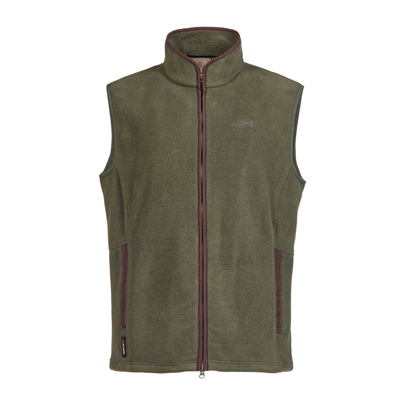 The Musto Fenland Polartec® Vest is a lightweight, sleeveless olive green fleece with a full zip, high collar, two zippered pockets, dark brown trim accents, and a subtle embroidered logo on the left chest—a perfect layering essential.