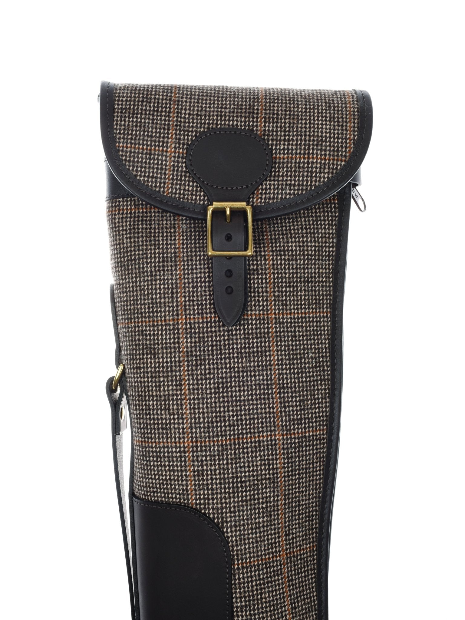 The Campbell's of Beauly Gun Slip in Kirkton 523 features British tweed and leather, a brown buckle closure, shoulder strap, black leather trim, a brown and tan plaid pattern, and a soft fleece-lined interior for extra protection.