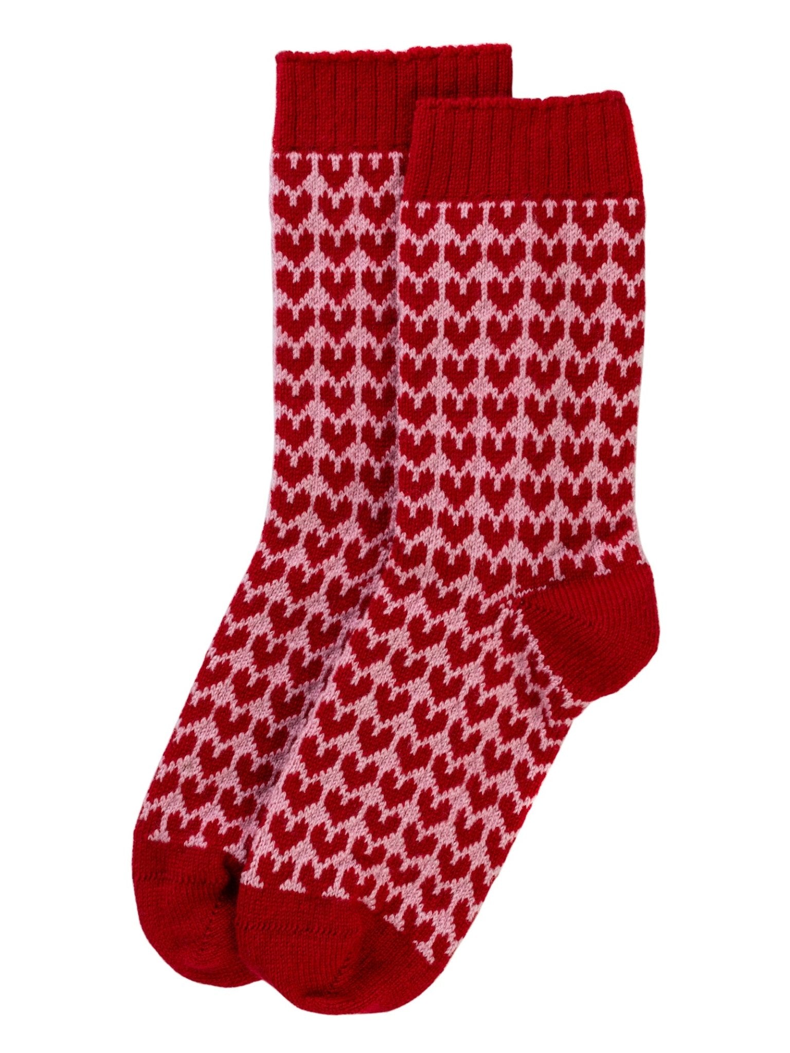 The Heart Cashmere Socks Red by Campbell's of Beauly are red crew socks featuring a pink heart pattern with solid red cuffs, heels, and toes.