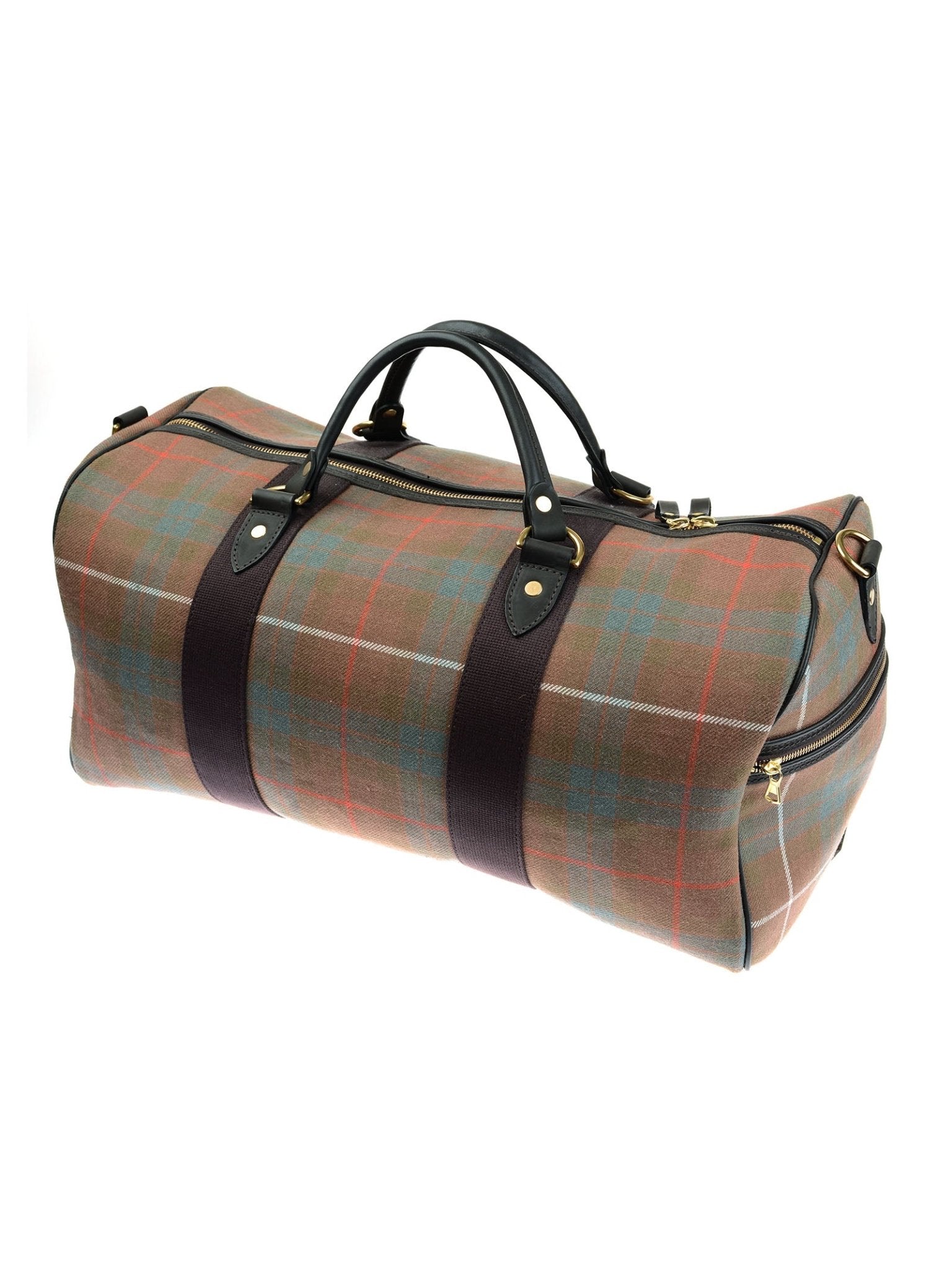 The Hand Luggage Fraser Tartan Holdall by Campbell's of Beauly features a brown, blue, and red check pattern, black vegetable-tanned leather handles and accents, gold-tone hardware, a top zipper, and two black straps.
