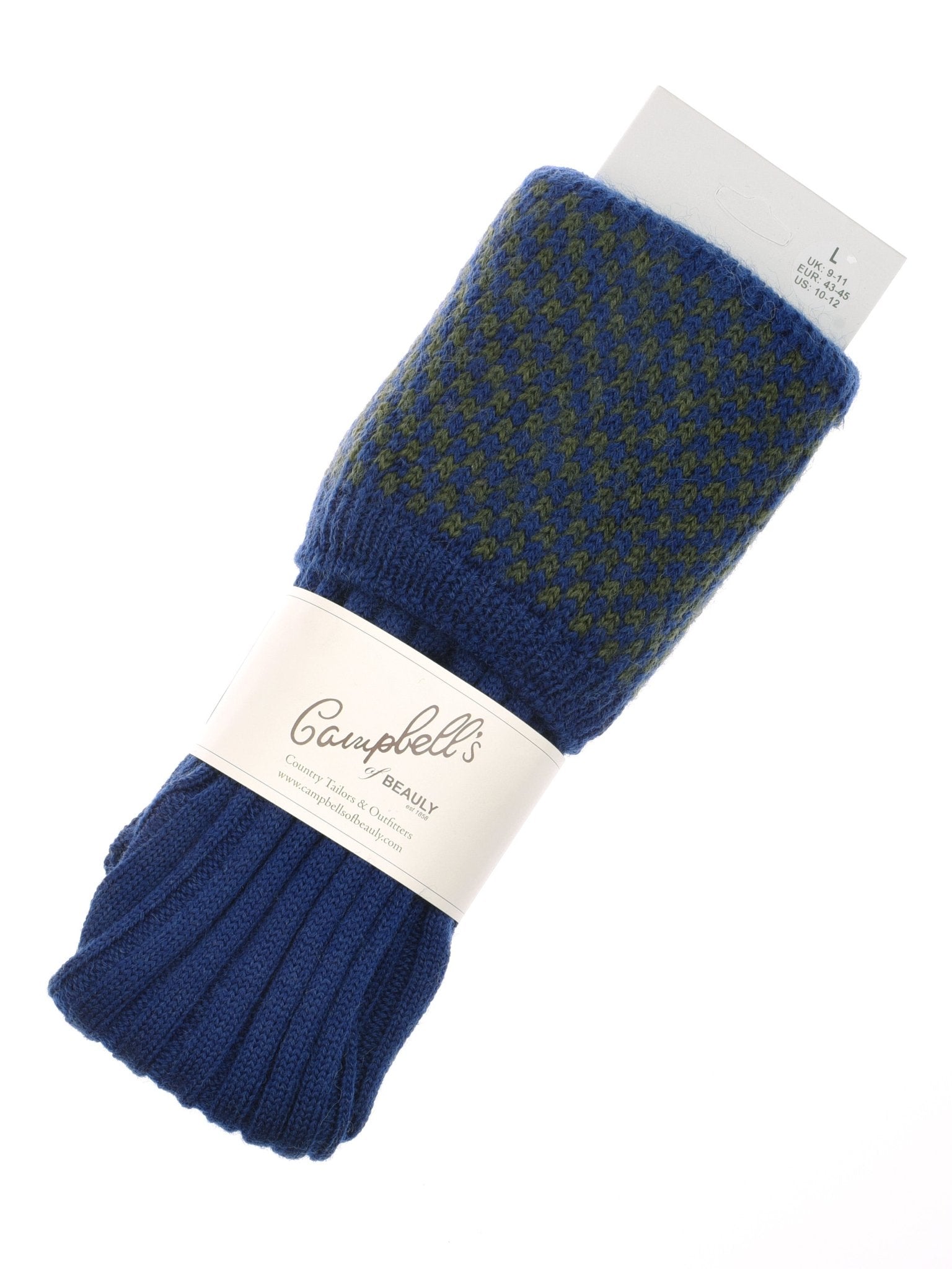 A pair of Campbells of Beauly Hopstitch Shooting Socks in pollen color, featuring a white label reading Campbells, displayed against a white background.