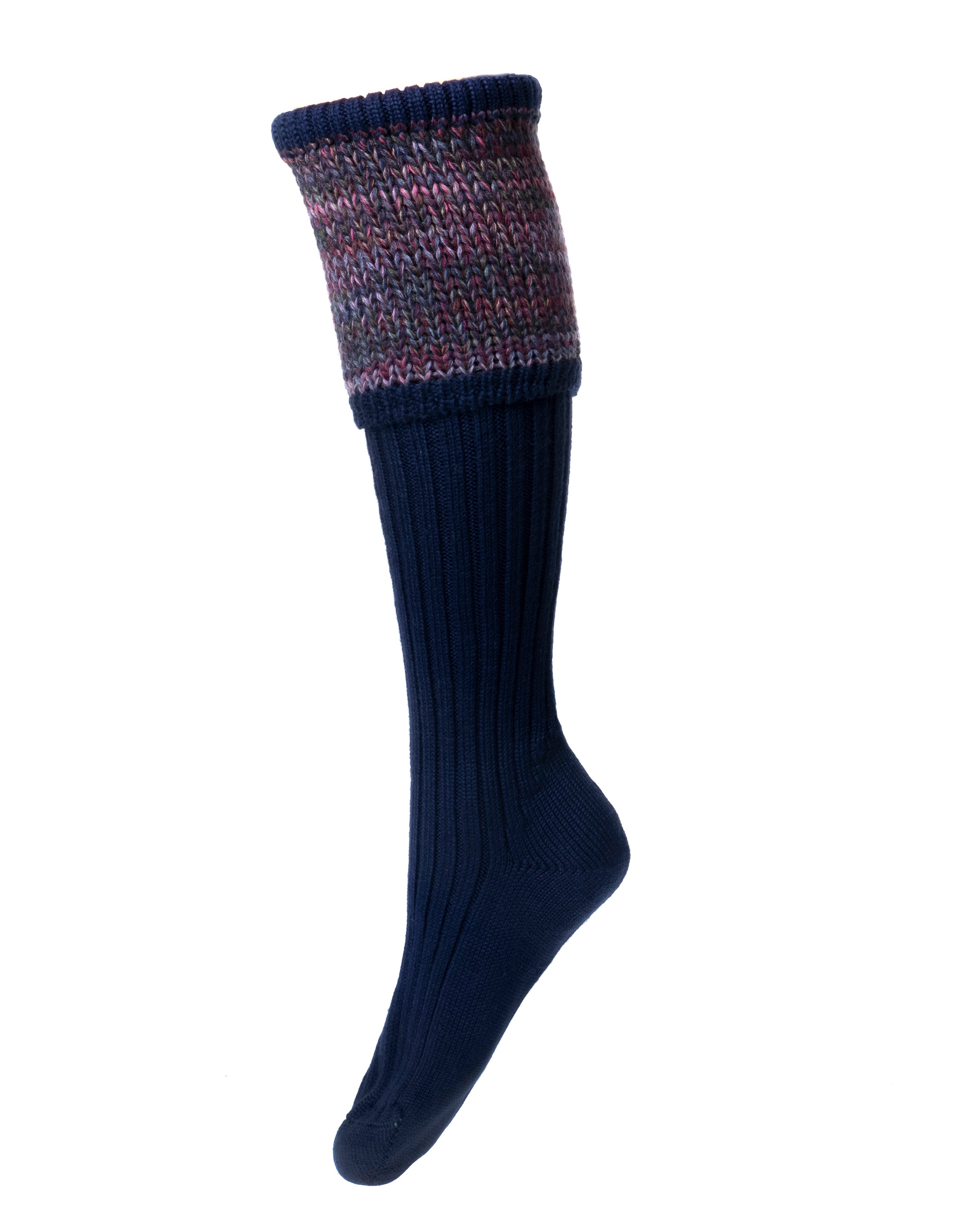 The Merino Katrine Shooting Sock by Campbells of Beauly features a solid navy knee-high design and a wide, folded multicolored cuff in purple, red, and gray tones—perfect for any outdoor wardrobe. Shown on a white background.