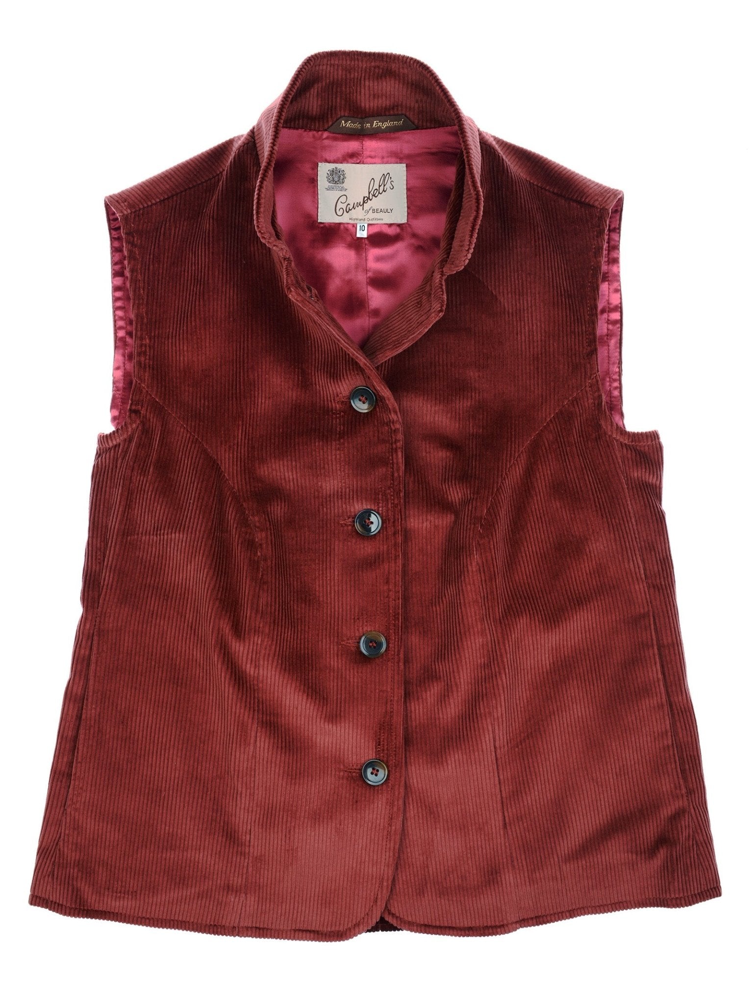 The Campbell's of Beauly Corduroy Gilet in rust is a sleeveless, button-up vest with a satin lining, stand-up collar, four front buttons, and an interior label, offering classic country elegance.