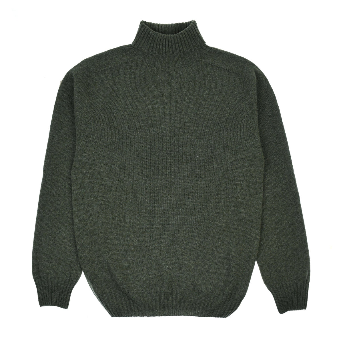 The Campbell's of Beauly Lambswool Roll Neck is a dark green, long-sleeve sweater in superfine lambswool with ribbed cuffs, hem, and collar—perfect for layering. Shown laid flat on a white background.
