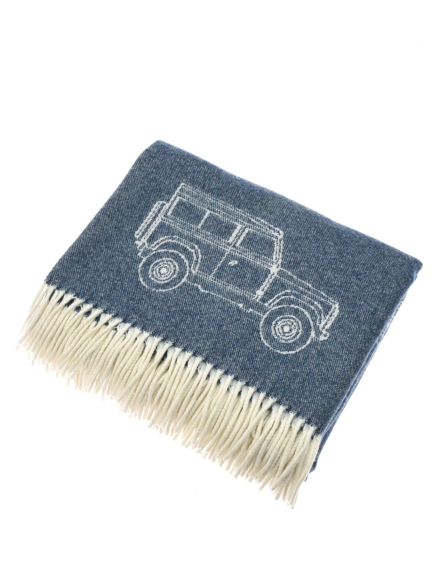 The Campbell's of Beauly Land Rover Defender Jacquard Throw is a navy British wool blanket with white fringes, featuring a simple line drawing of an off-road vehicle.