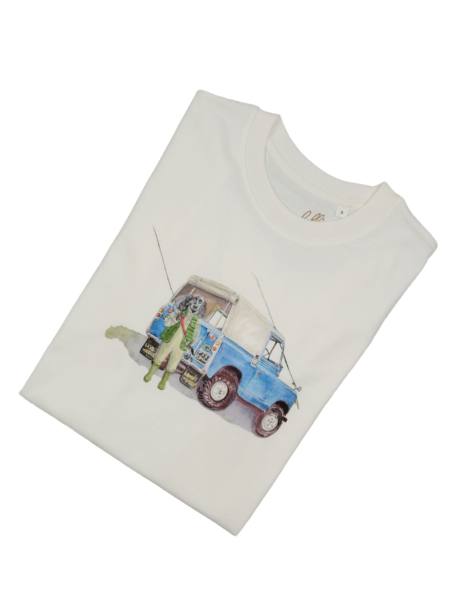 The Campbell's of Beauly Land Rover Cocker T-Shirt is a folded white casual tee featuring an illustration of two people fishing beside a blue and white vintage SUV, complete with fishing rods and gear.