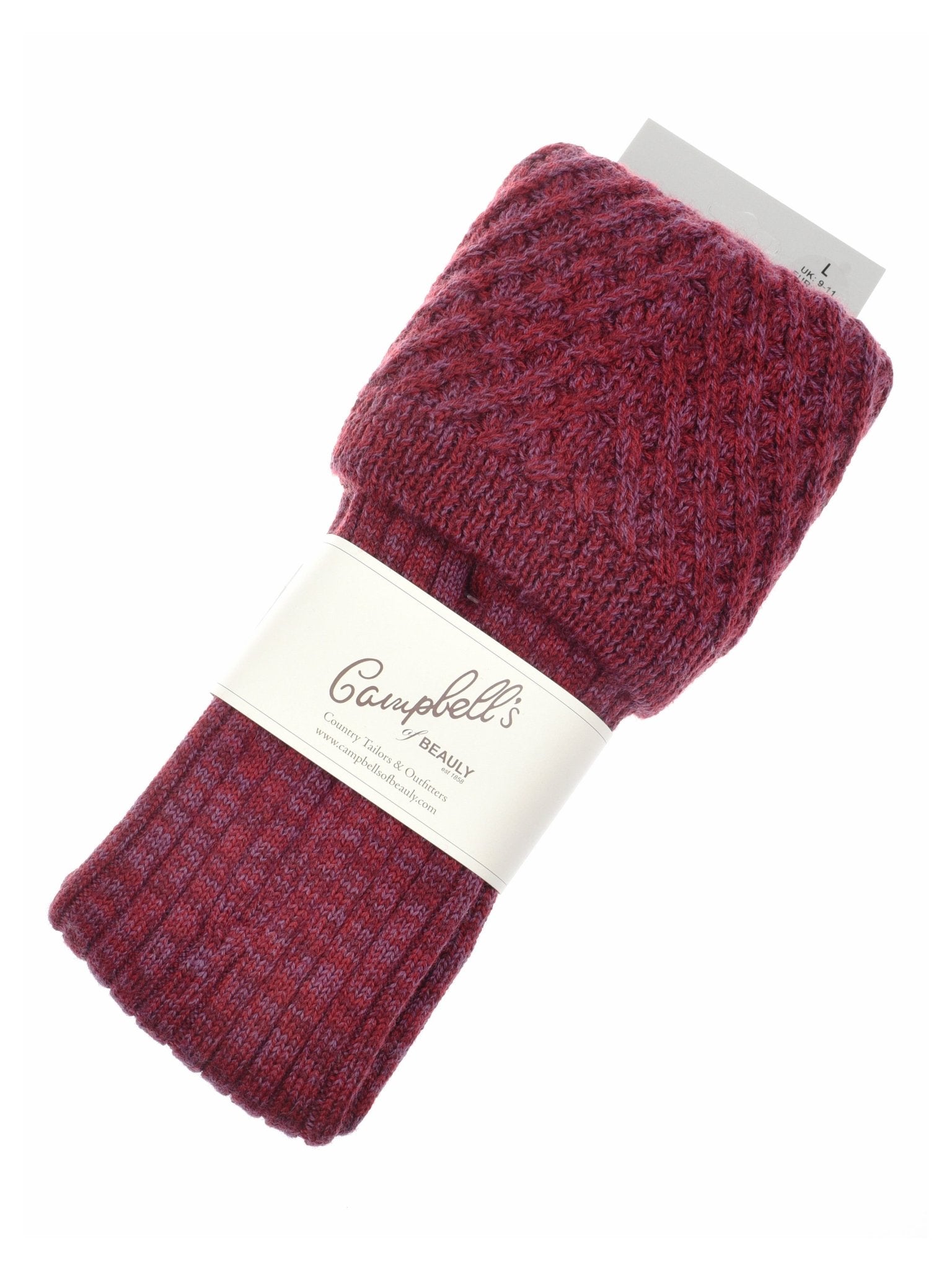A pair of folded Campbells of Beauly Lattice Shooting Socks in berry, made from merino wool with a white label, are neatly packaged with a top tag and proudly made in England.