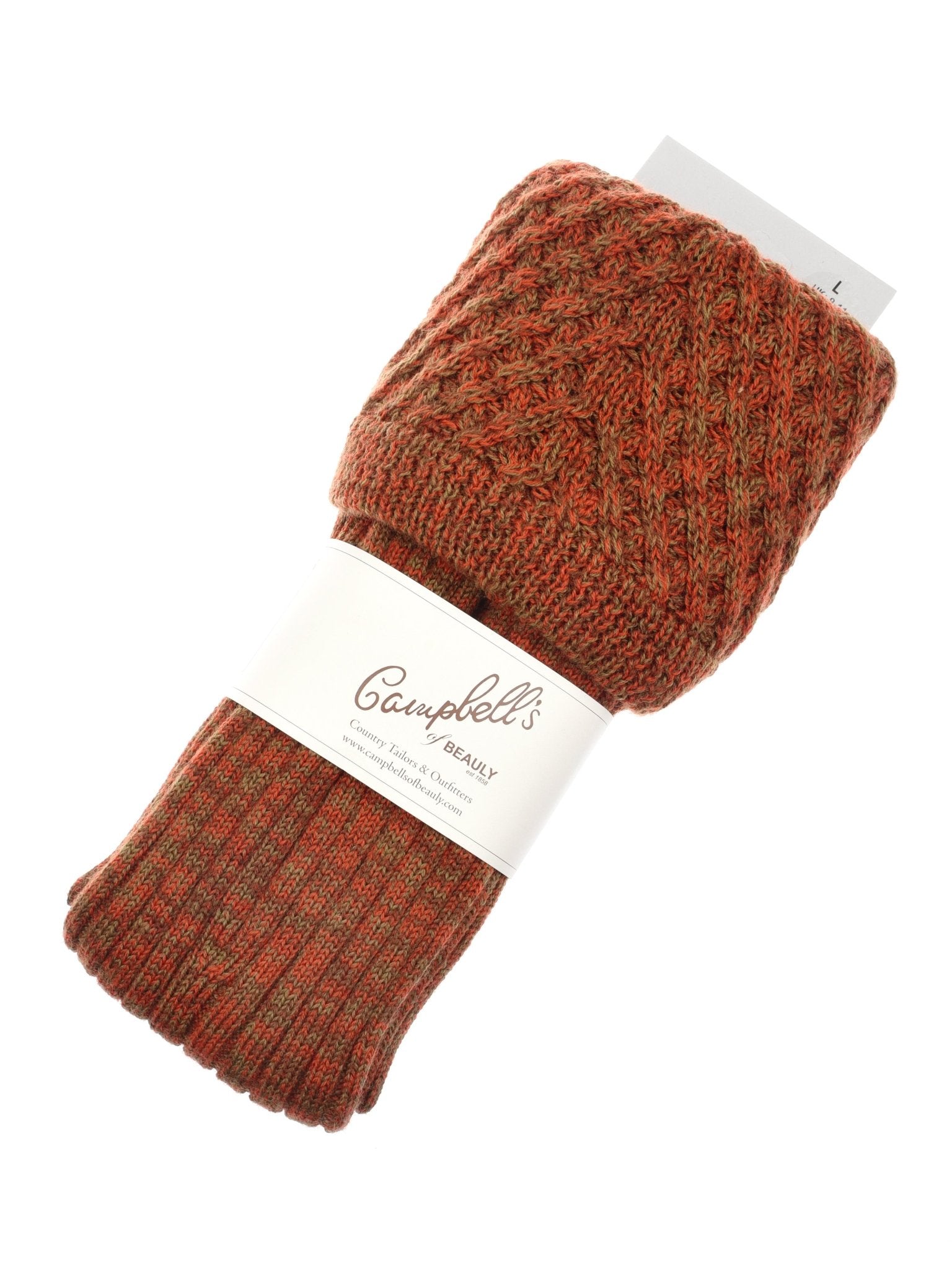 A pair of textured Lattice Shooting Socks in Cointreau, neatly folded and wrapped in a Campbells of Beauly label—perfectly crafted shooting socks, expertly made in England.