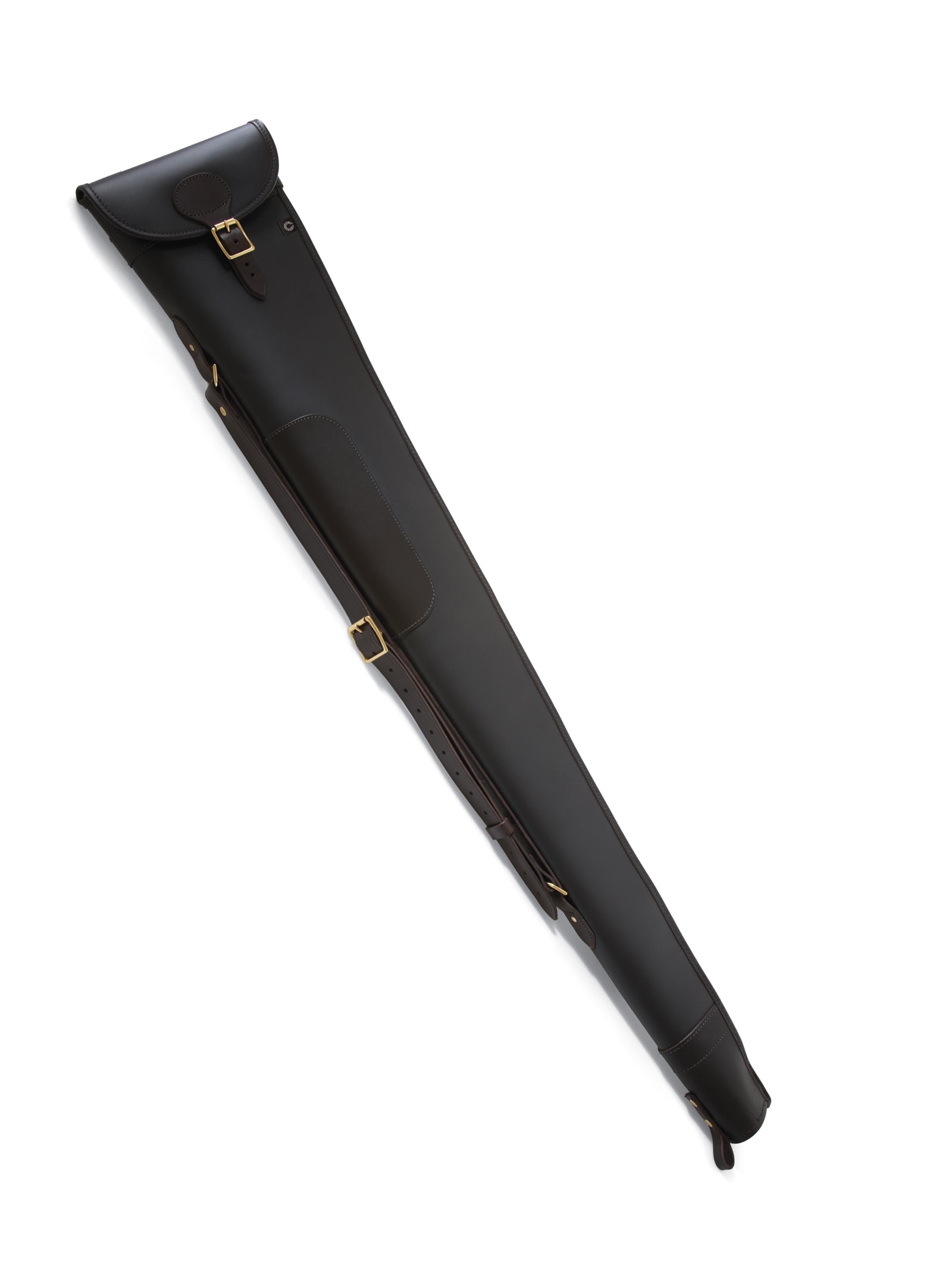 The Campbells of Beauly Gunslip Leather 30 Barrel is a long, dark brown leather case with strap, buckles, and reinforced ends, shown diagonally on a white background.