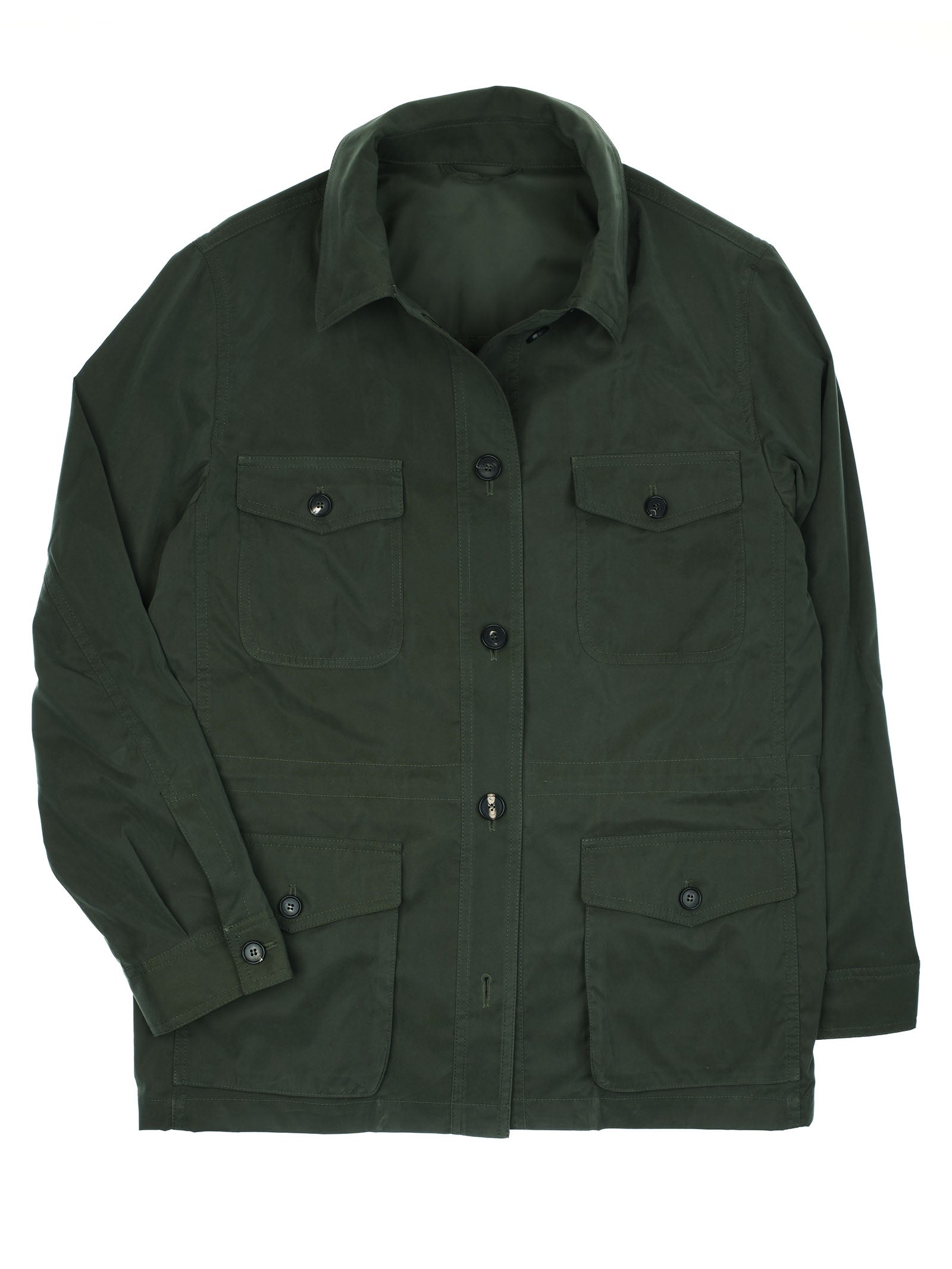 The Campbell's of Beauly Lightweight Aigas Field Jacket in Moss, made from Belseta fabric, features long sleeves, a collar, button-up front, and four buttoned pockets—two on the chest and two at the waist—shown flat on a white background.