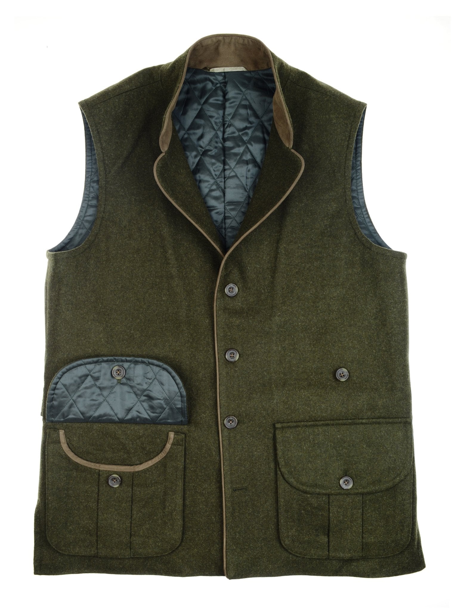 The Campbell's of Beauly Luxury Nehru Gilet in Loden features a button front, standing collar, two flap pockets, an open pocket with quilted blue lining, and brown trim accents for refined style.