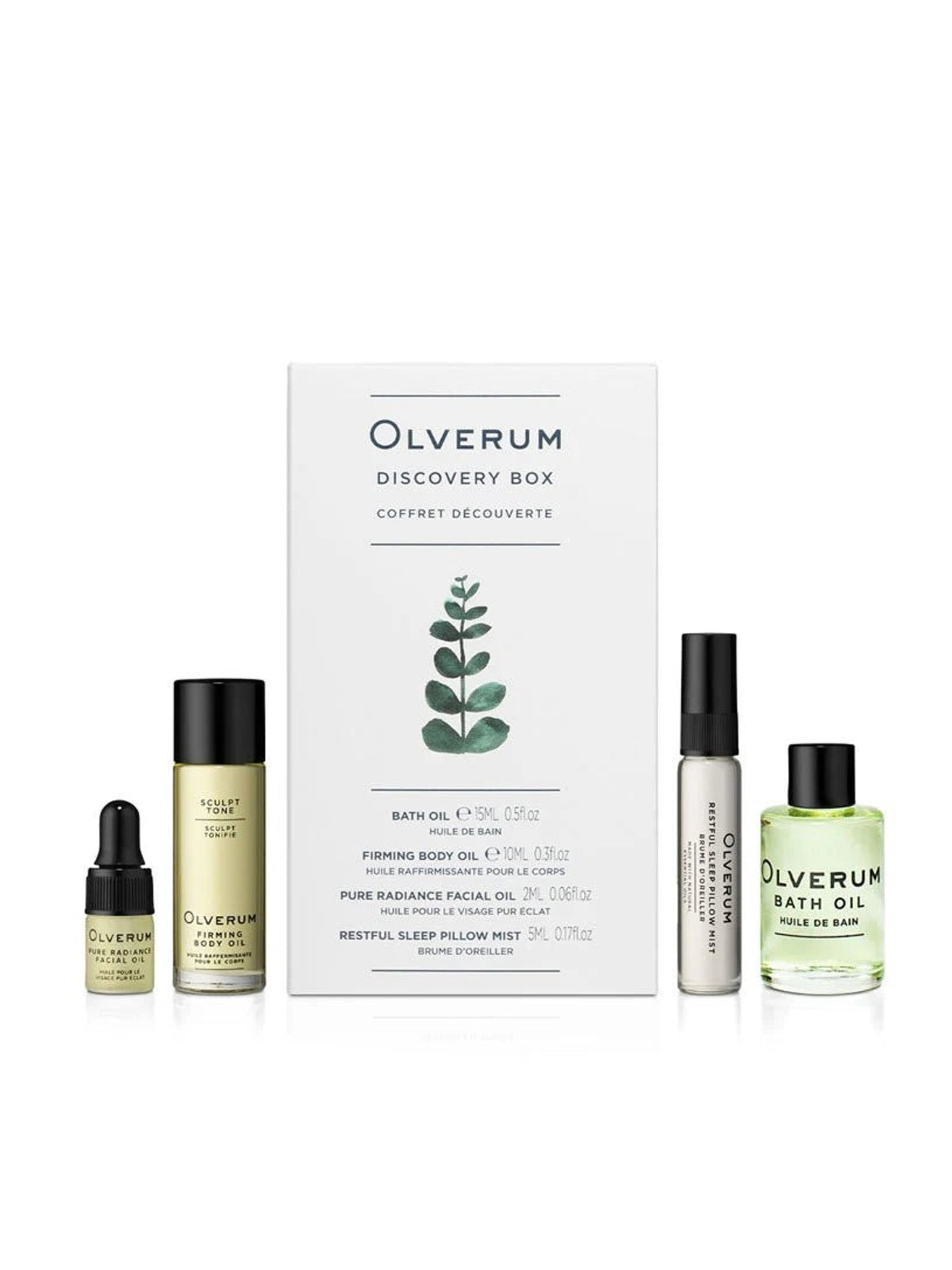 Five OLVERUM skincare products—bath oil, balms, and pillow mist—are shown beside a white Discovery Box gift set featuring a green branch illustration and the OLVERUM brand name on the front.