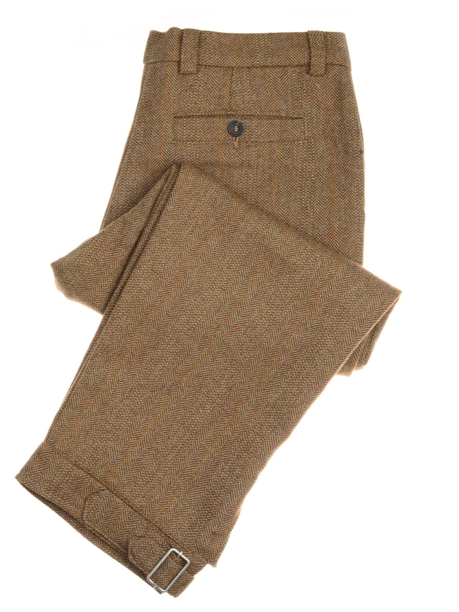 A pair of Campbell's of Beauly Tweed Plus Twos in brown, featuring a back pocket, button, belt loops, and metal side buckle, folded and displayed on a white background.