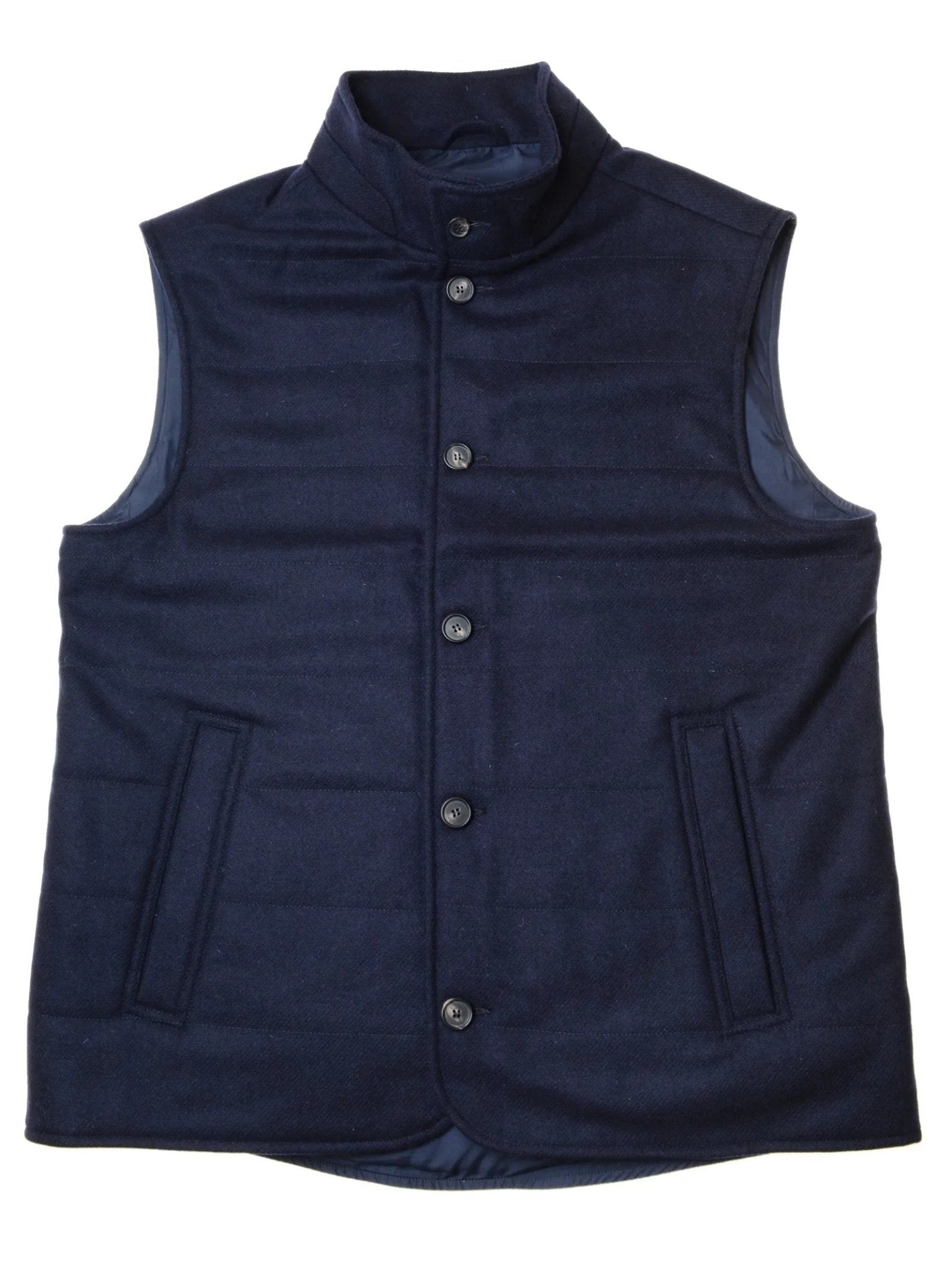 The Campbell's of Beauly Quilted Tweed Buttoned Gilet in navy blue features a stand collar, sleeveless design, five front buttons, and two slanted side pockets—perfect for layering year-round.