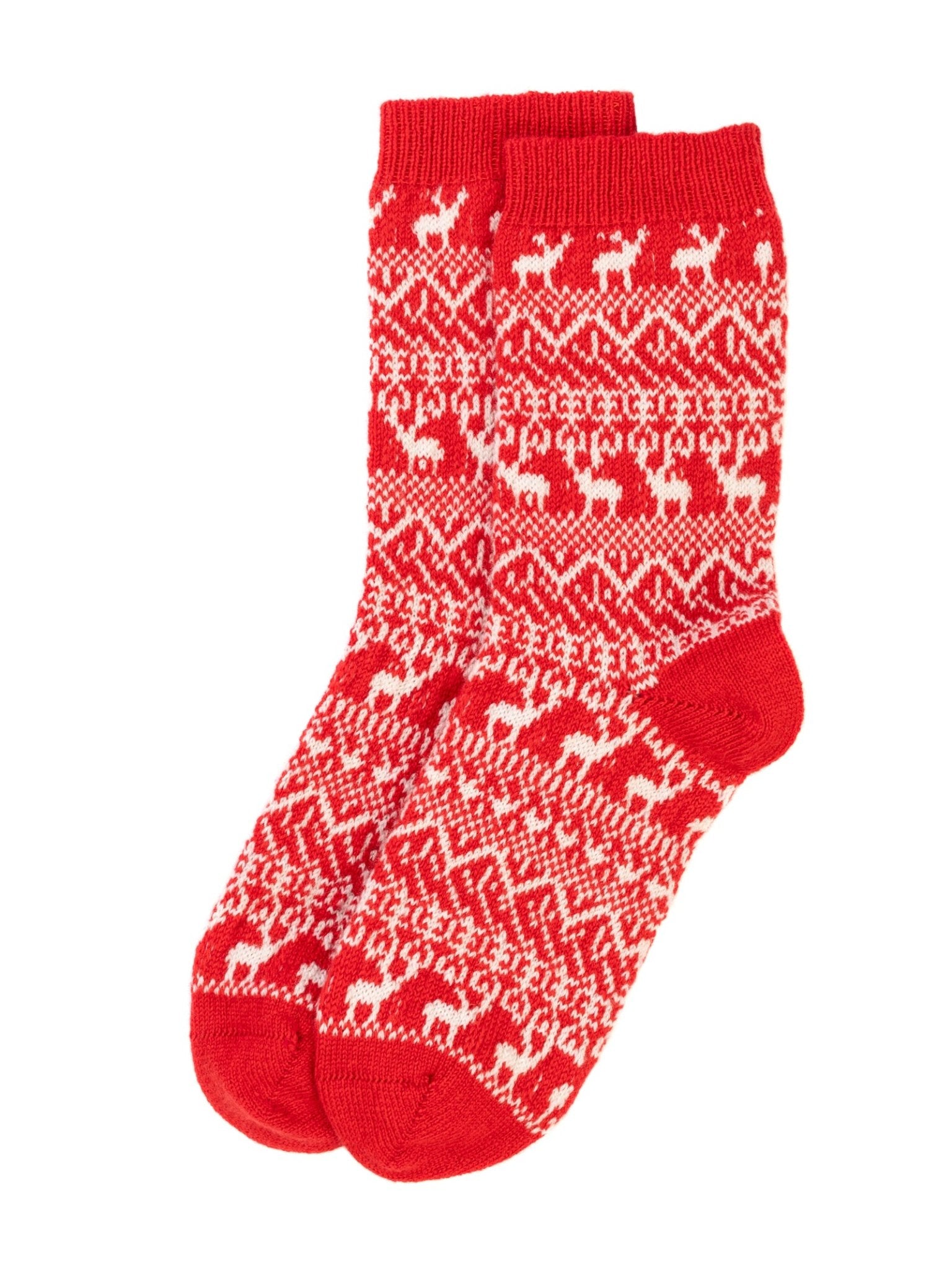 Campbell’s of Beauly Reindeer Cashmere Socks in red feature a white geometric knitted pattern, creating a festive winter holiday look.