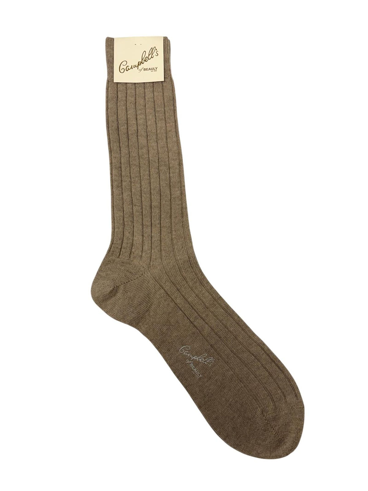 A single stone rib cashmere sock from Campbell’s of Beauly, crafted from soft cashmere and featuring a label at the top with the brand name and text on the foot reading Campbells Scotland—perfect for those seeking luxury socks or classic rib cashmere socks.