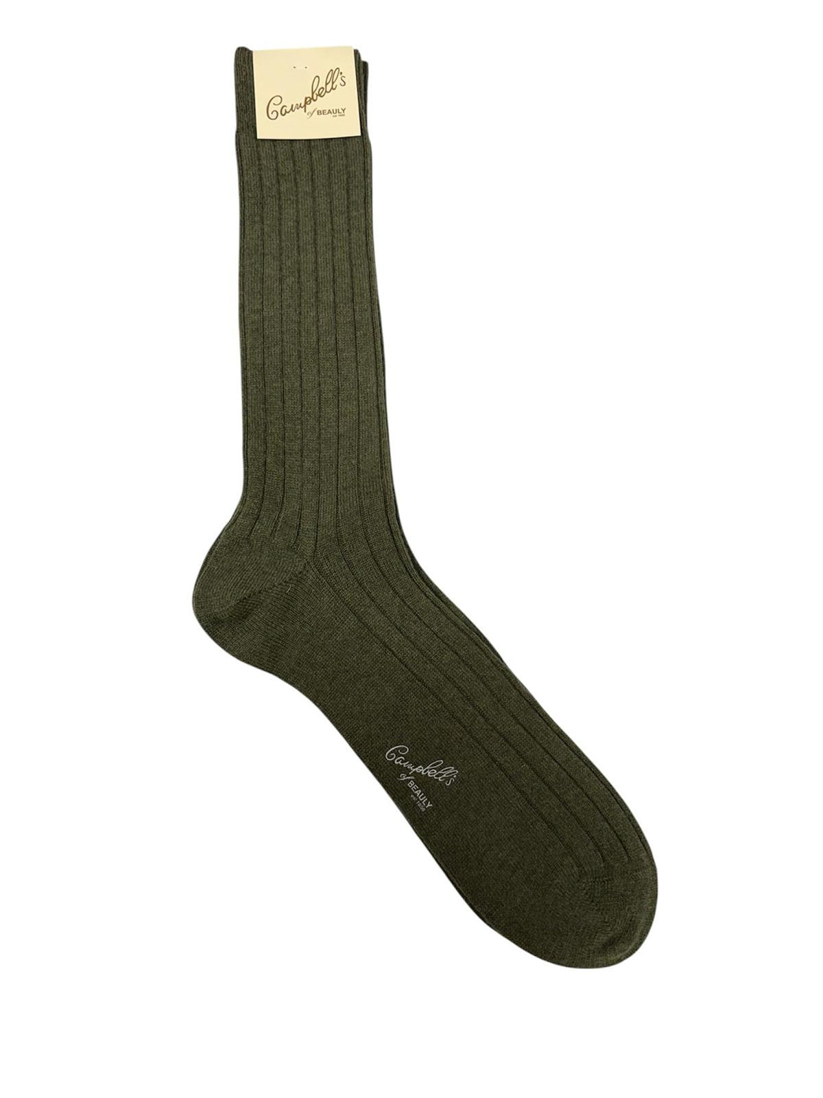 A single sage green ribbed cashmere sock with a beige label attached at the top, displaying the Campbell’s of Beauly brand name. These Rib Cashmere Socks are laid flat on a white background, highlighting their luxurious texture and timeless style.