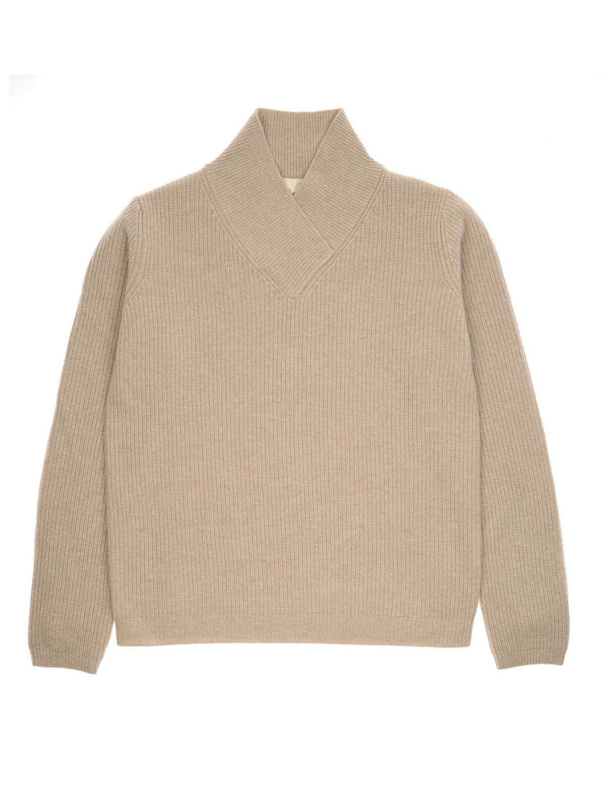 Campbell’s of Beauly Rib V Neck Jumper in beige, crafted from soft merino wool with long sleeves and a ribbed knit texture, featuring a wide shawl collar and displayed flat on a white background.