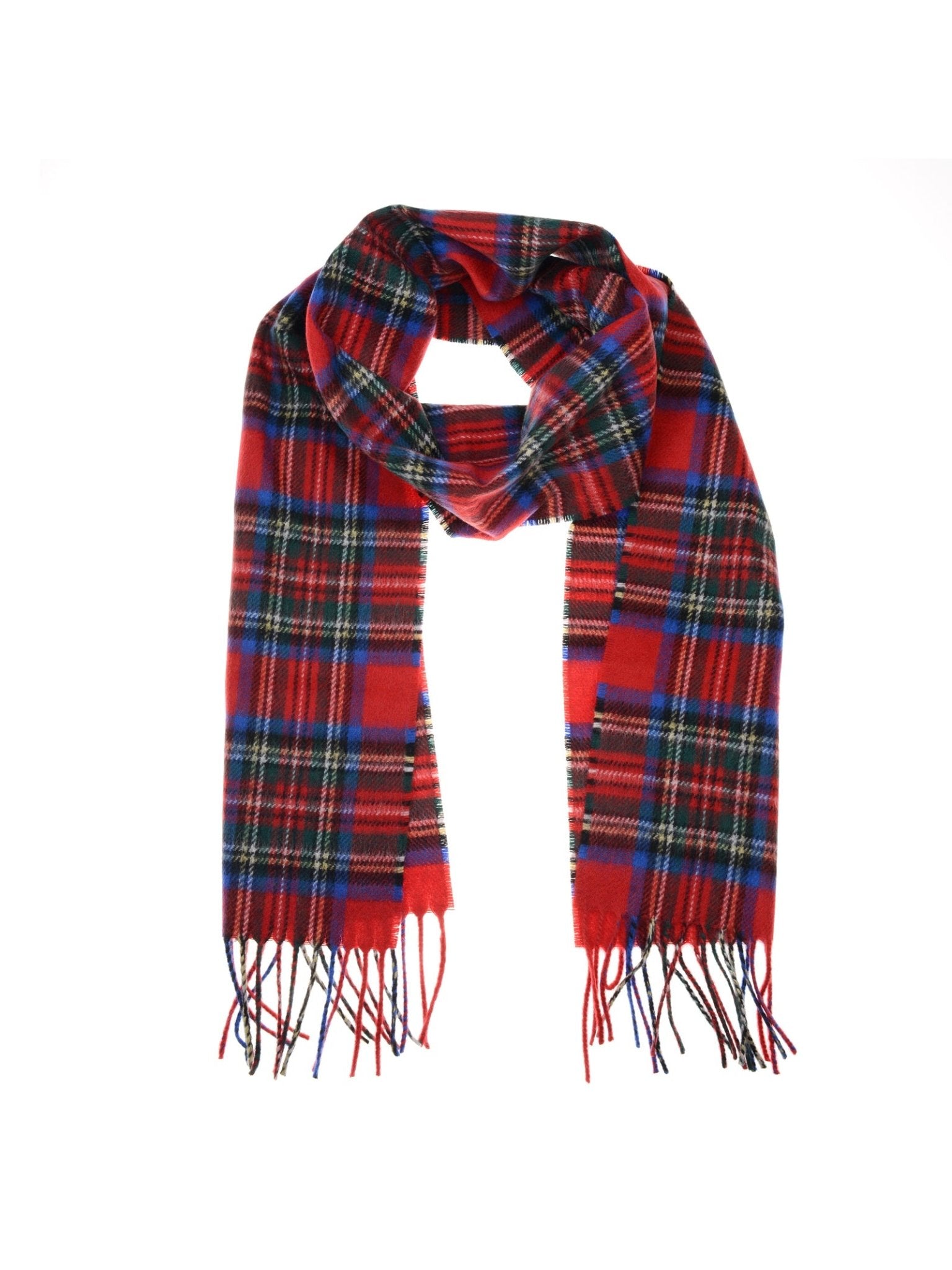 The Unisex Cashmere Tartan Scarf by Campbell's of Beauly in Royal Stewart, featuring a red base with blue, green, white, and yellow stripes and fringed ends, is displayed on a white background.