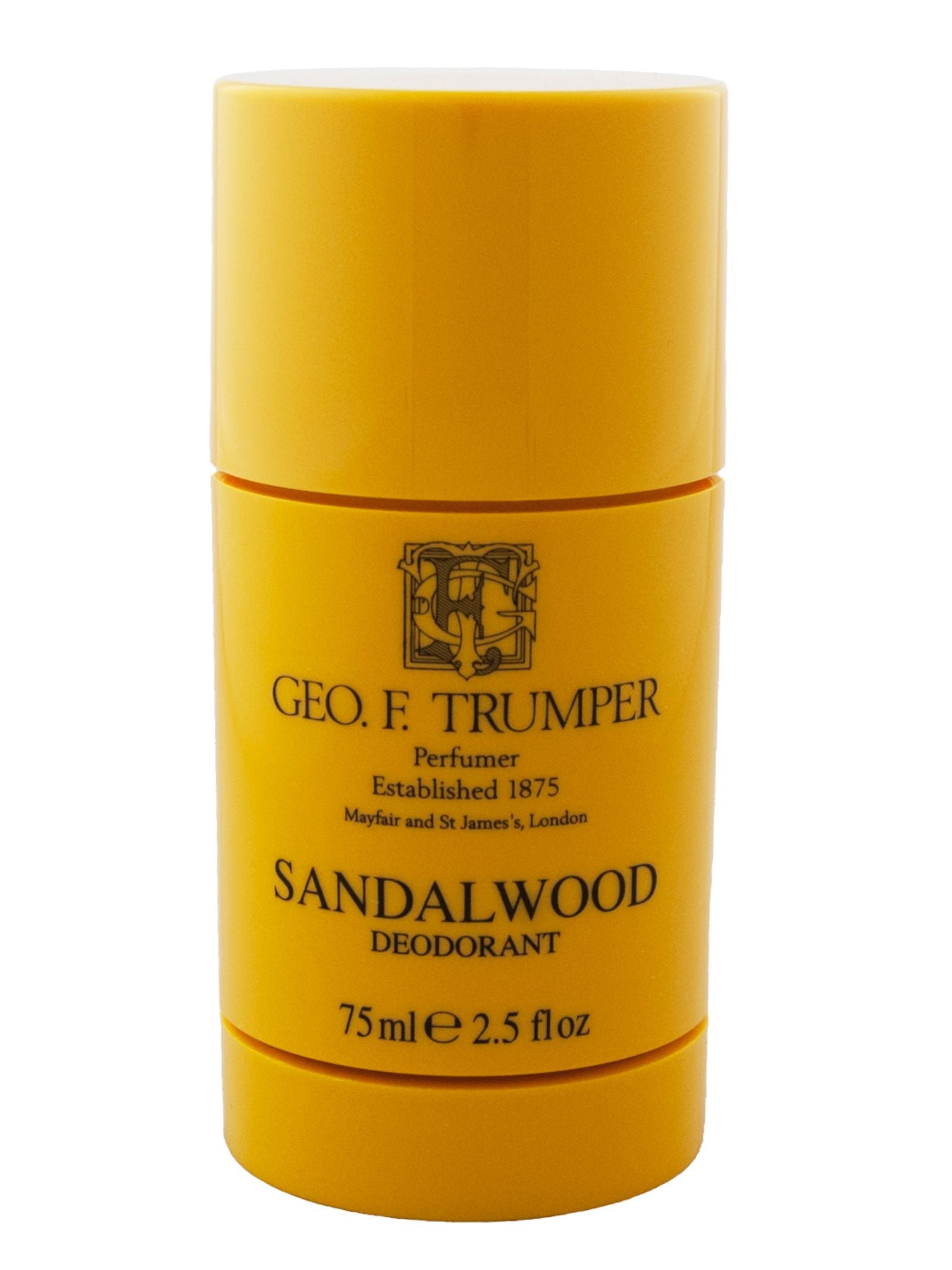 A yellow cylindrical container of Campbell's of Beauly Sandalwood Deo Stick, 75 ml (2.5 fl oz), provides long-lasting freshness with black text detailing the brand, scent, and alcohol-free formula.
