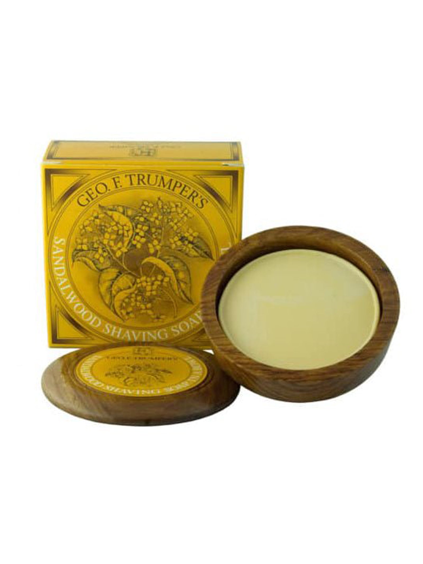 Geo. F. Trumper’s Sandalwood Shaving Soap & Bowl is displayed with its wooden bowl and lid beside the soap. The yellow box features botanical designs, ideal for lovers of sandalwood and gentle skin care.