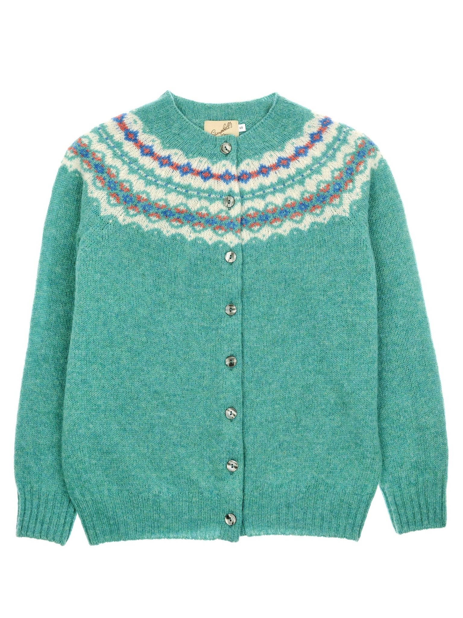 The Shetland Fairisle Cardigan by Campbell's of Beauly is a teal knit with long sleeves, front buttons, and a colorful Fair Isle yoke in white, blue, orange, and purple—crafted in classic Scottish style.