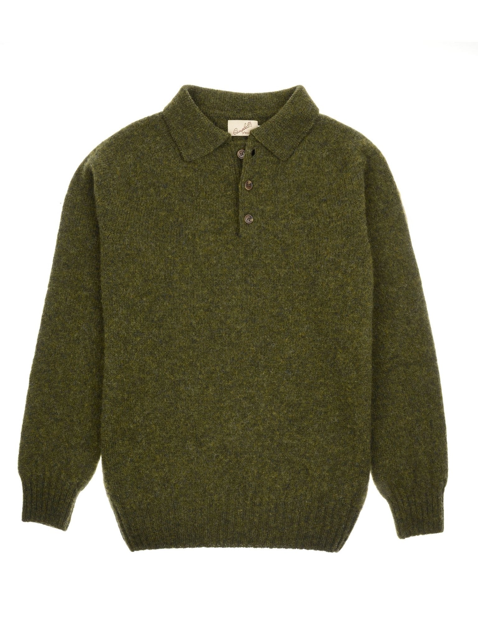 The Campbell's of Beauly Shetland Rugby Jumper is an olive green long-sleeve sweater with a collar, three brown buttons, ribbed cuffs, and a ribbed hem, shown laid flat on a white background.
