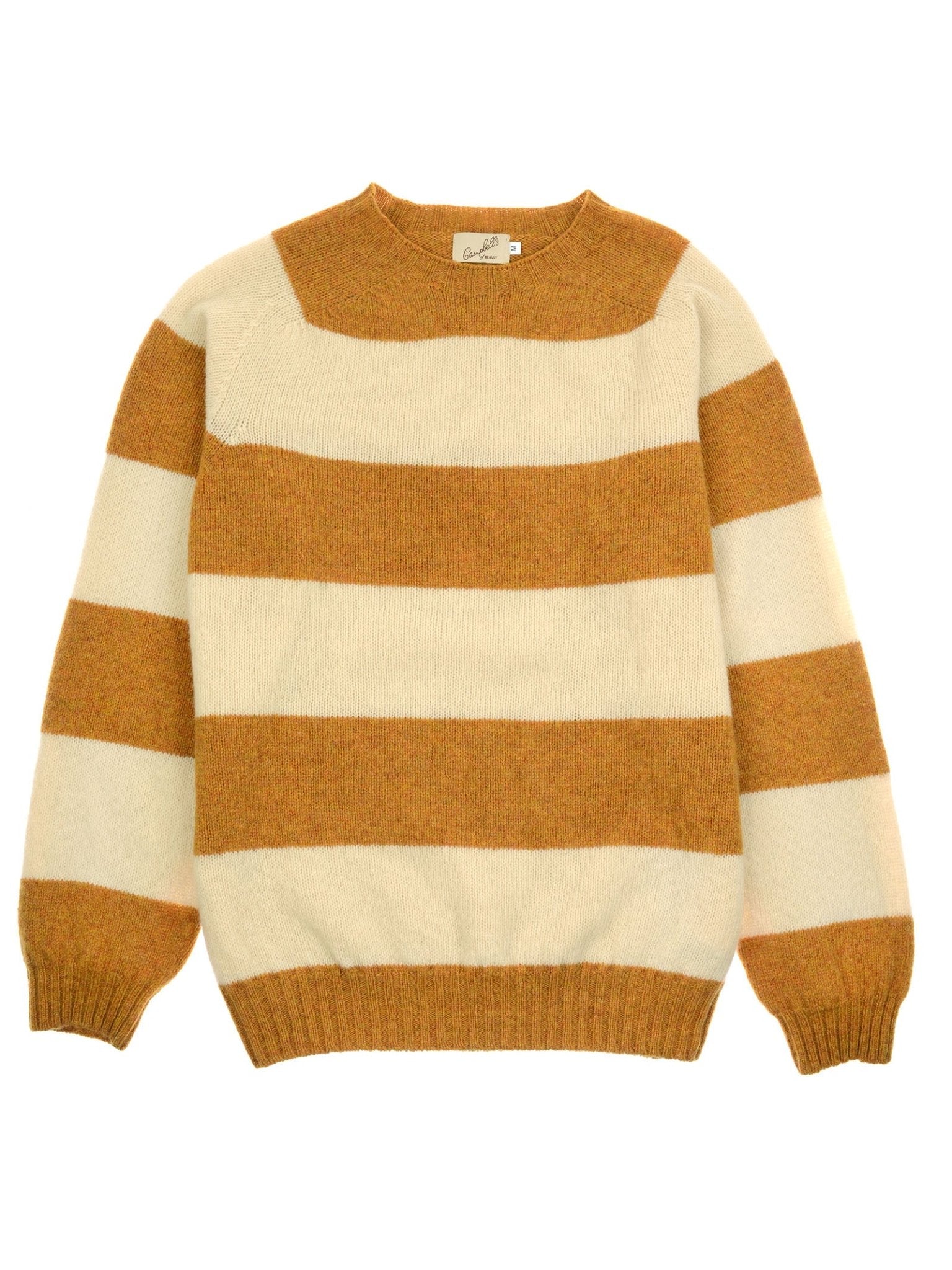 The Shetland Stripe Crew Jumper by Campbell's of Beauly features wide mustard yellow and cream stripes, a round crew neckline, long sleeves, and ribbed cuffs and hem for a cozy look.