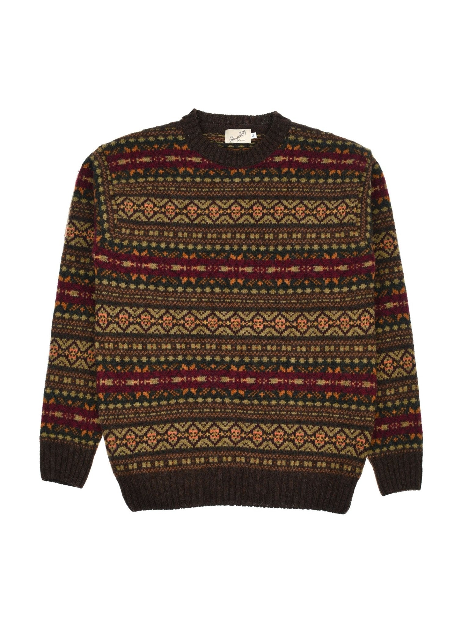 The Shetland Fairisle Crew Neck Jumper by Campbell's of Beauly is a multicolored long-sleeve knit sweater with geometric and floral patterns—an elegant winter staple.